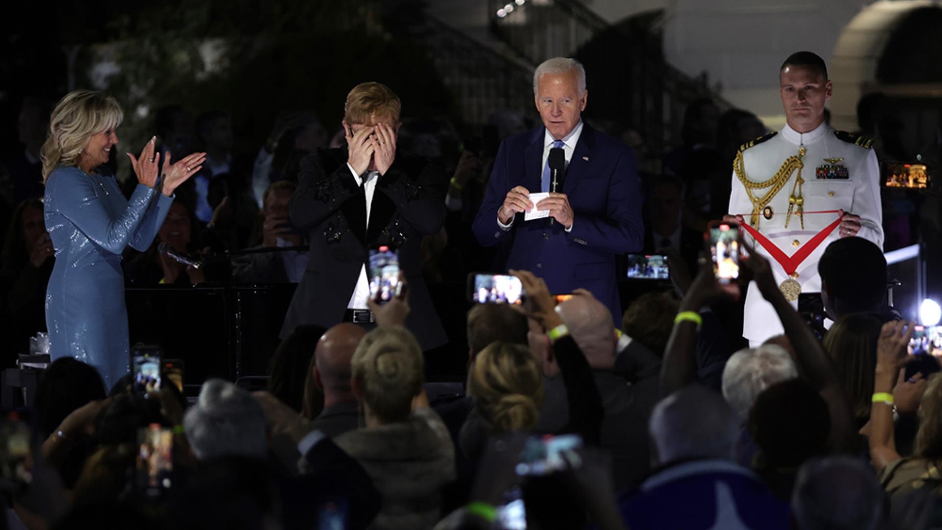 President Biden Surprises Teary Elton John With Natio<i></i>nal Humanities Medal at White House Concert