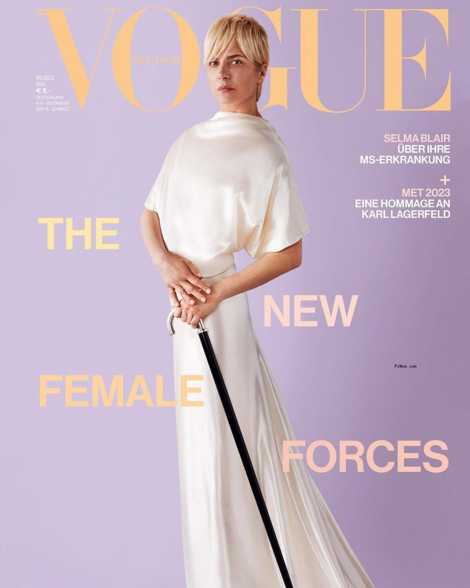 Selma Blair on the cover of Vogue Germany with white dress, cane
