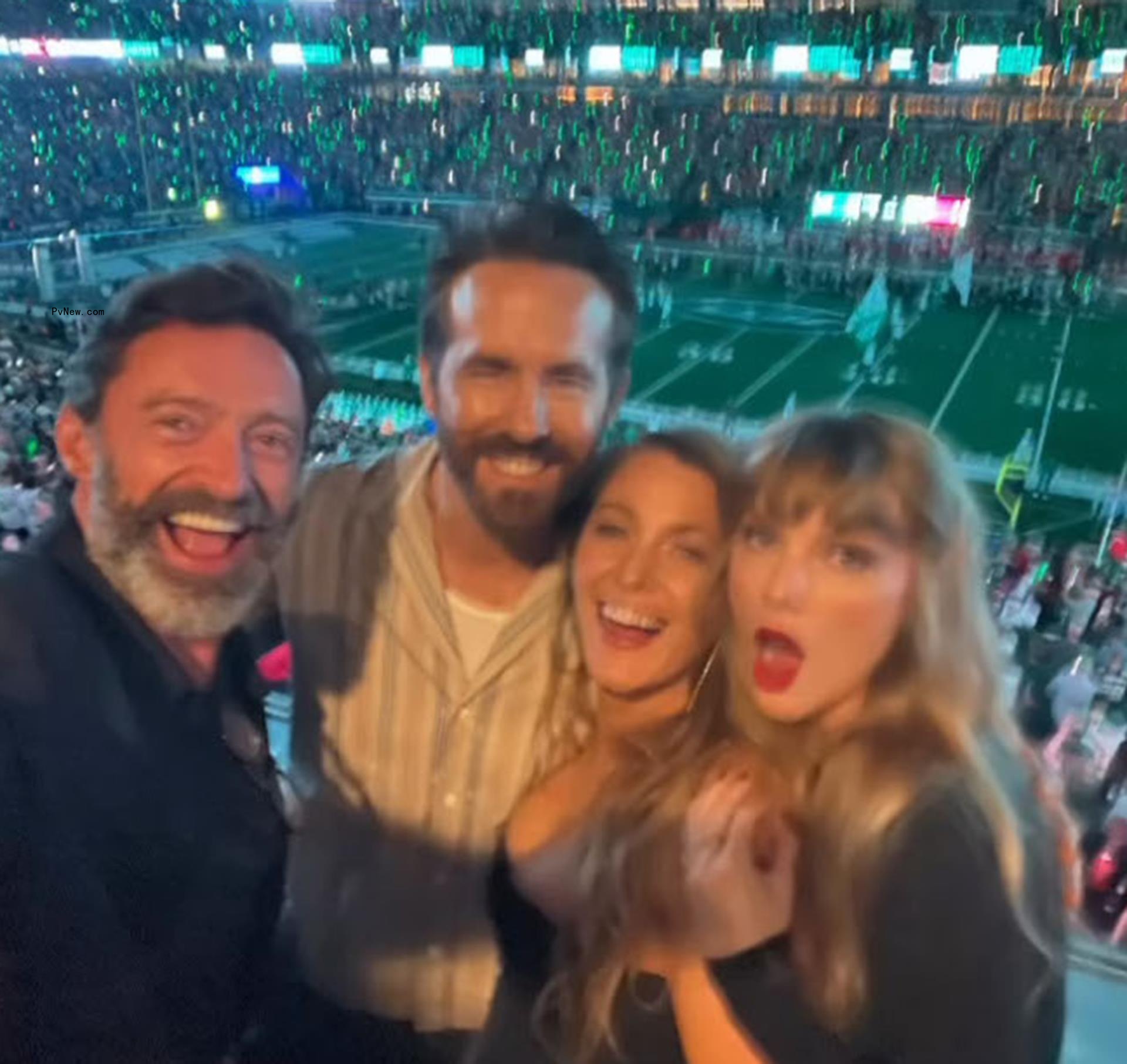 A selfie of Hugh Jackman, Ryan Reynolds, Blake Lively and Taylor Swift