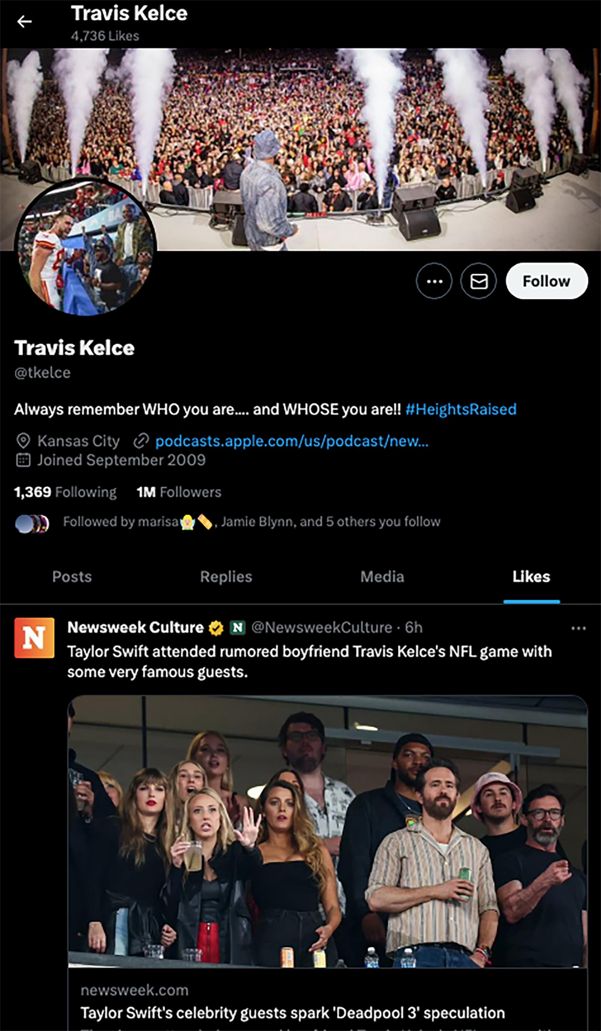 A screenshot of Travis Kelce's liked tweets