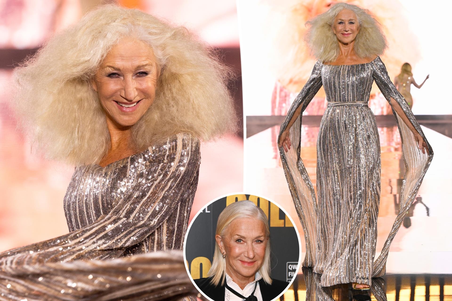 Helen Mirren shows off wild crimped hair on the runway during Paris Fashion Week