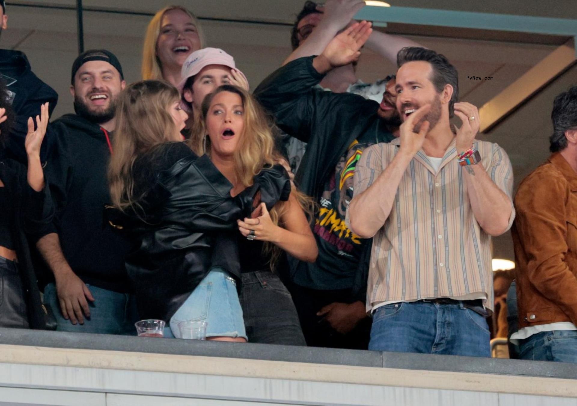 taylor swift, blake lively and ryan reynolds cheering at travis kelce's chiefs vs jets game