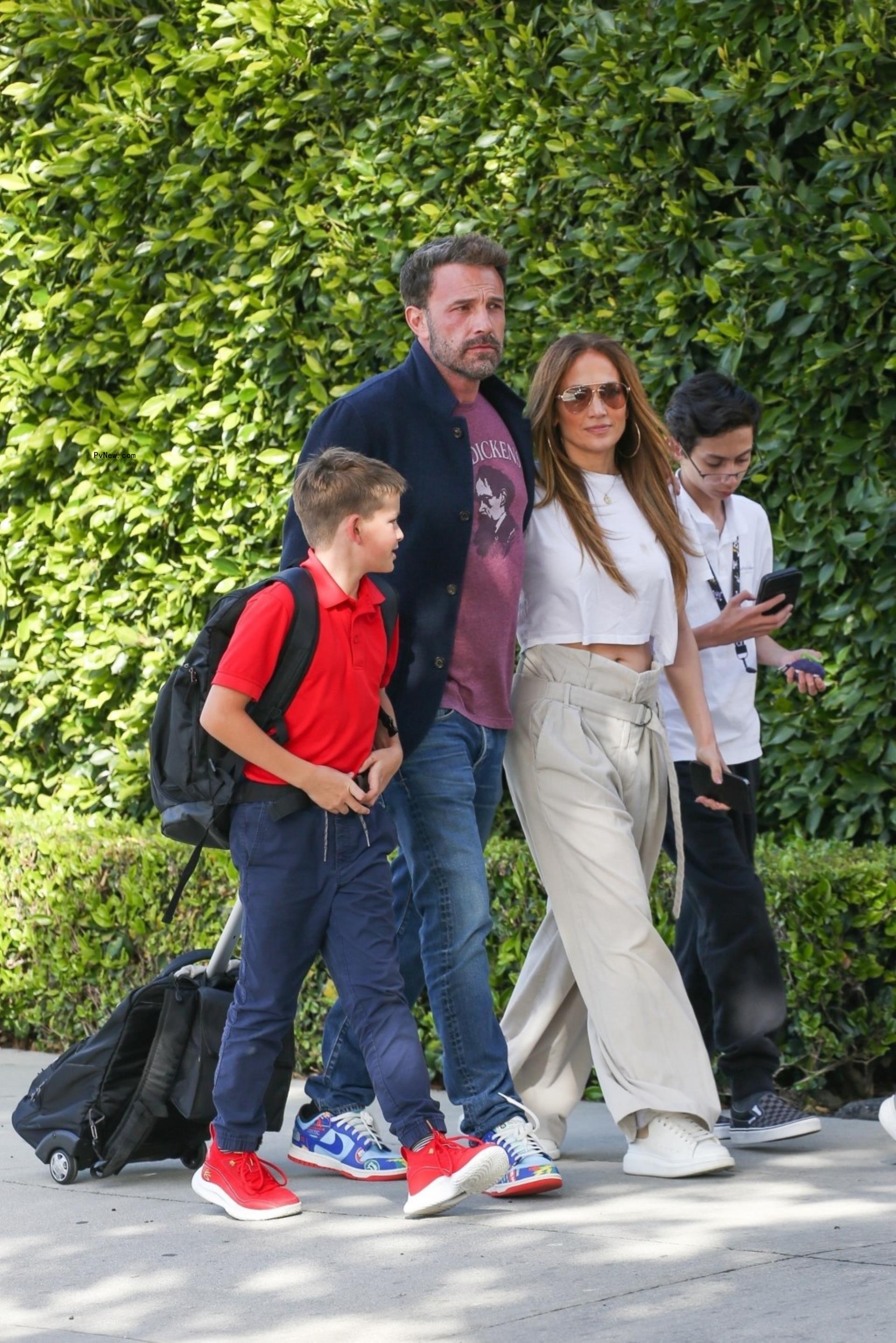 Jennifer Lopez and Ben Affleck walk with sons with an inset of Jennifer Garner in a car