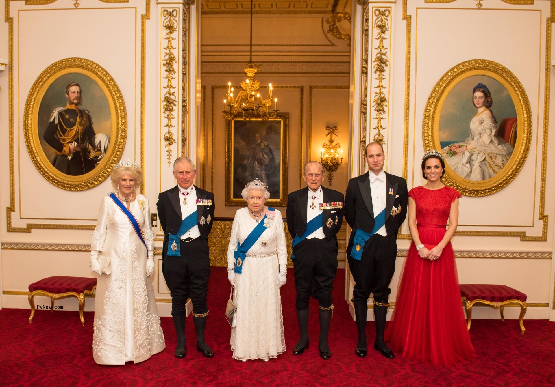 Queen Camilla, King Charles III, Prince William, Prince Philip, Kate Middleton and Queen Elizabeth II pose for group pic