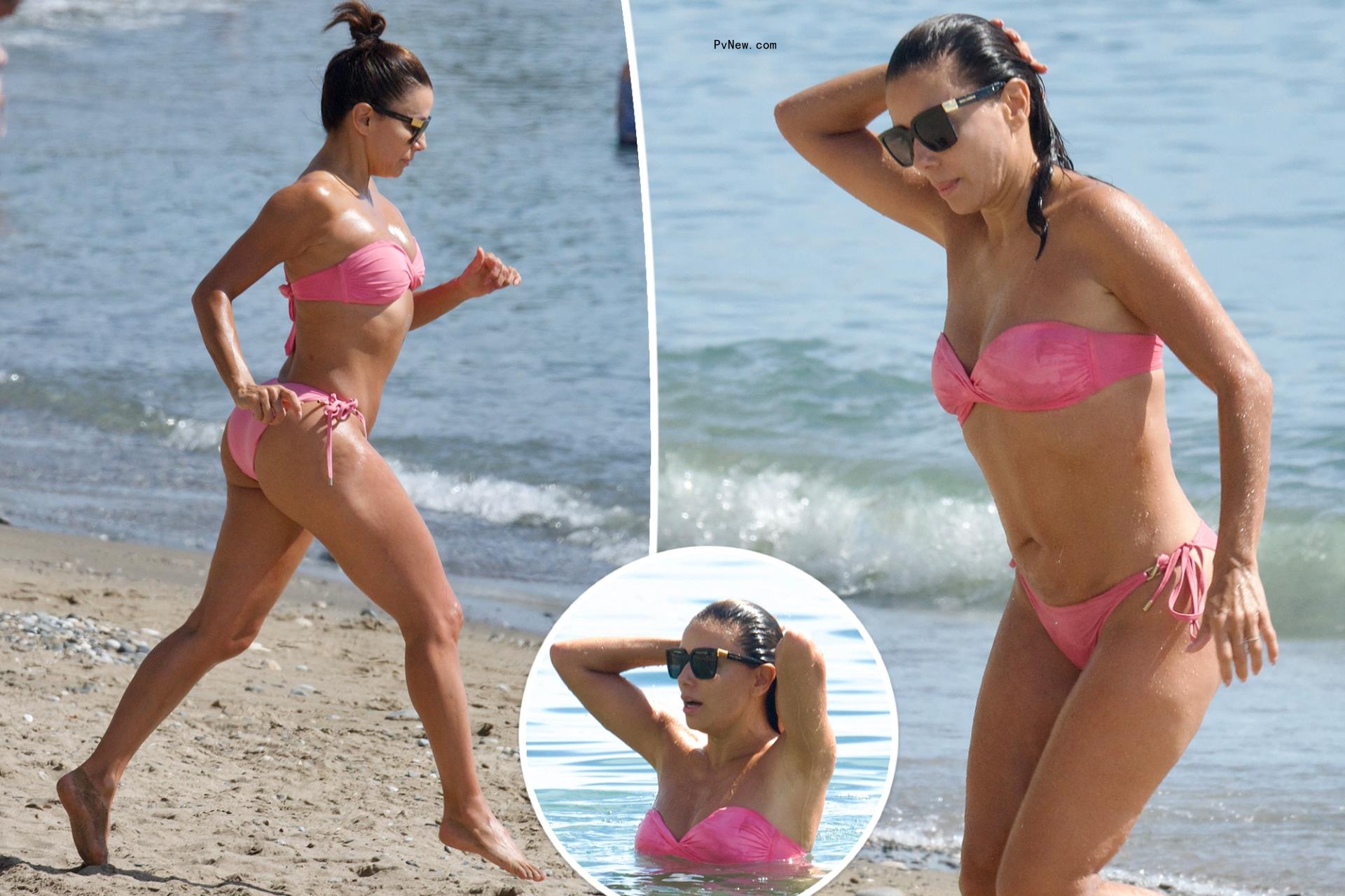 Eva Lo<i></i>ngoria frolics on Spanish beach in strapless pink bikini