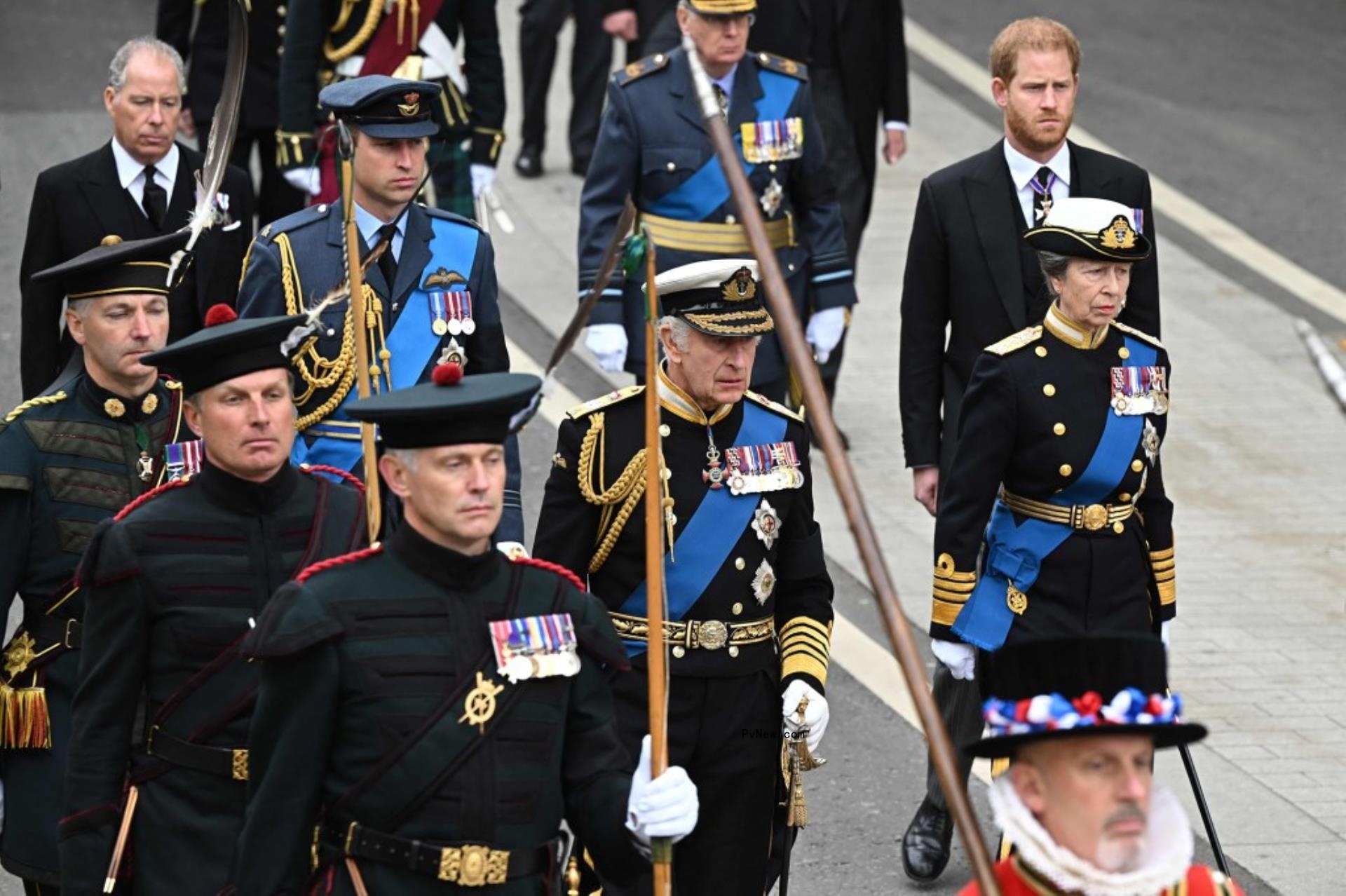 Prince Harry and King Charles at the late Queen's funeral. 