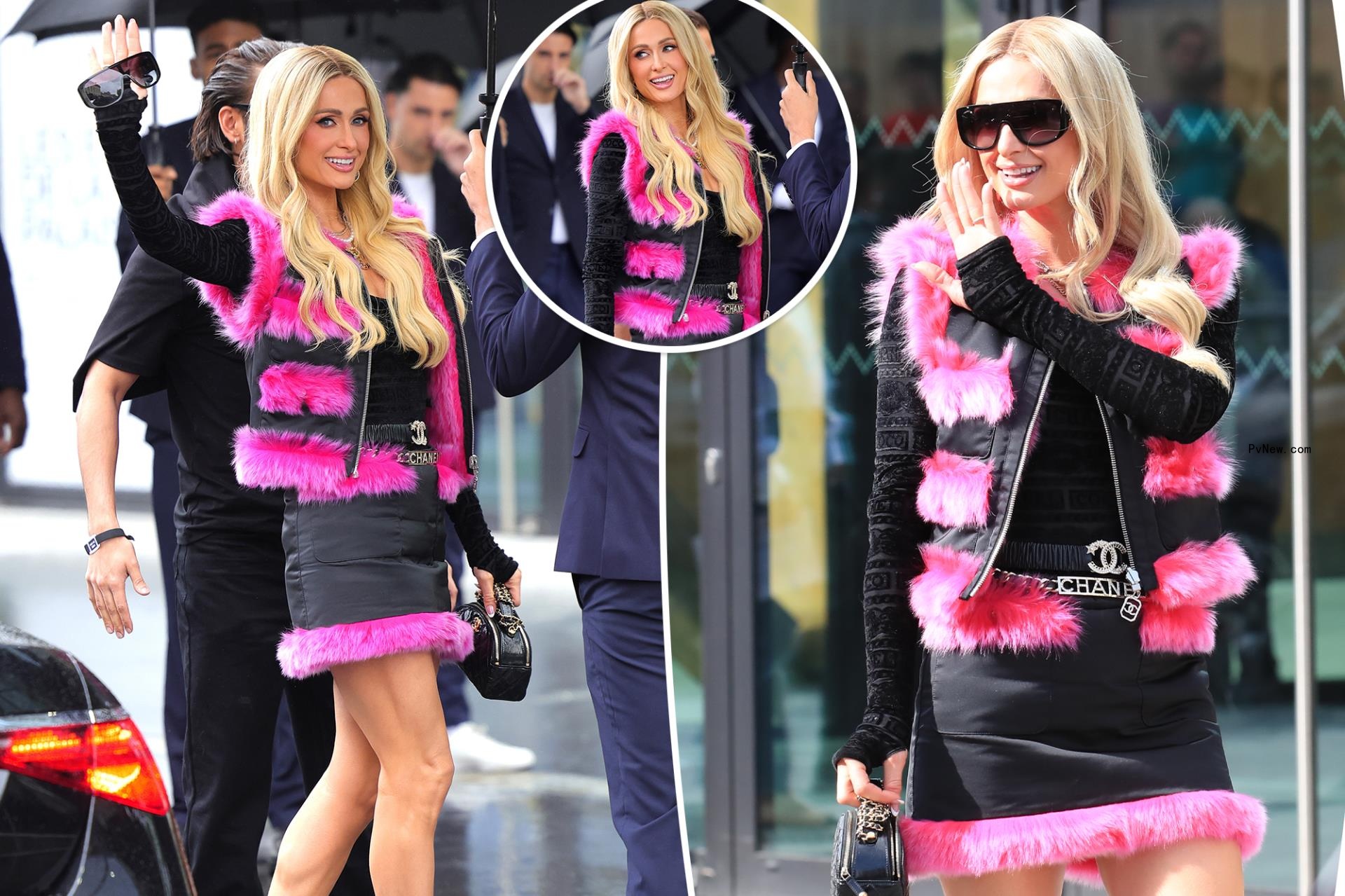 Paris Hilton channels Elle Woods in pink fur vest and matching skirt to Chanel show