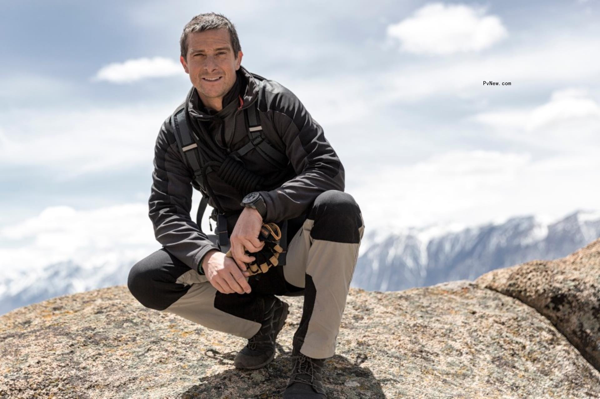Bear Grylls on a mountain. 