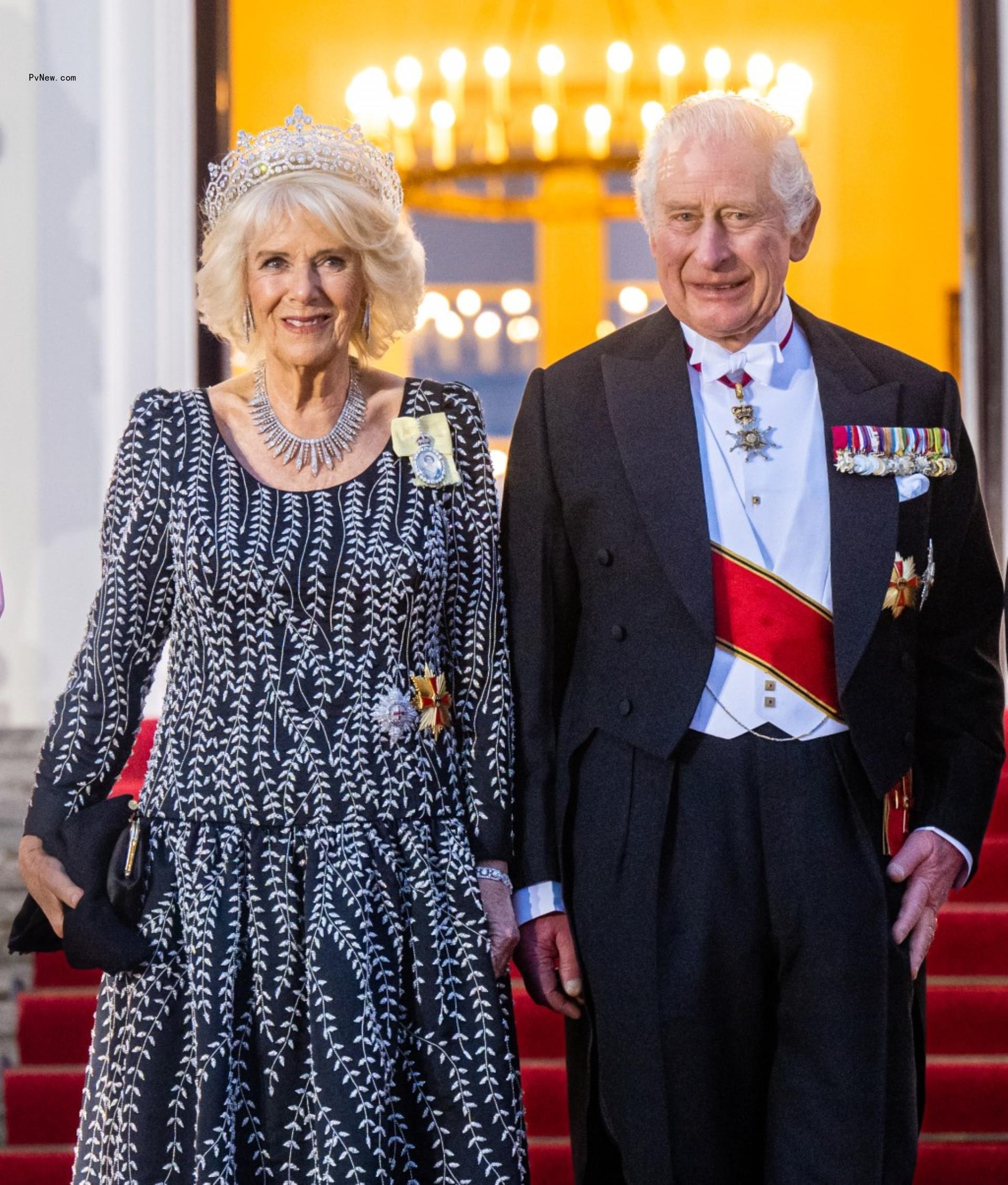 Queen Co<i></i>nsort Camilla holding hands with King Charles III.