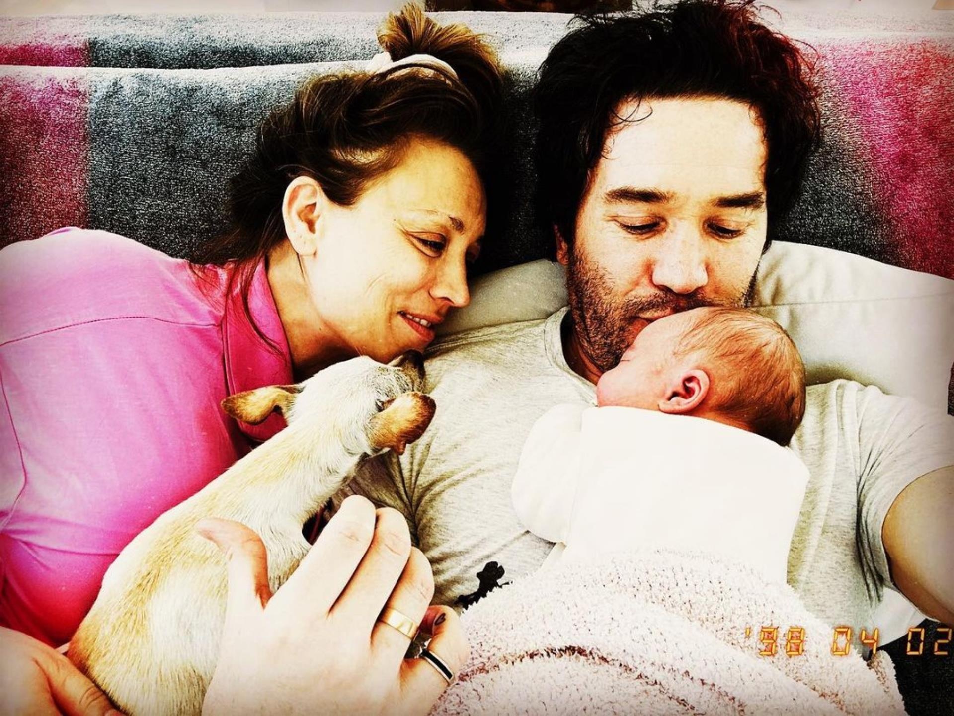 Kaley Cuoco, Tom Pelphrey and their dog cuddle with daughter Matilda