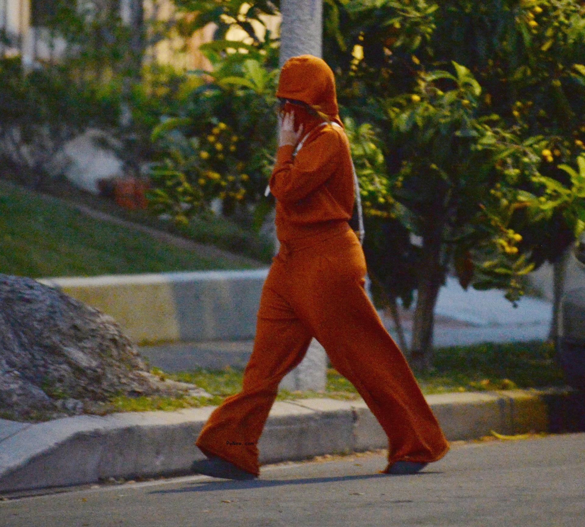 Camila Cabella enters Shawn mendes' home in an orange traksuit