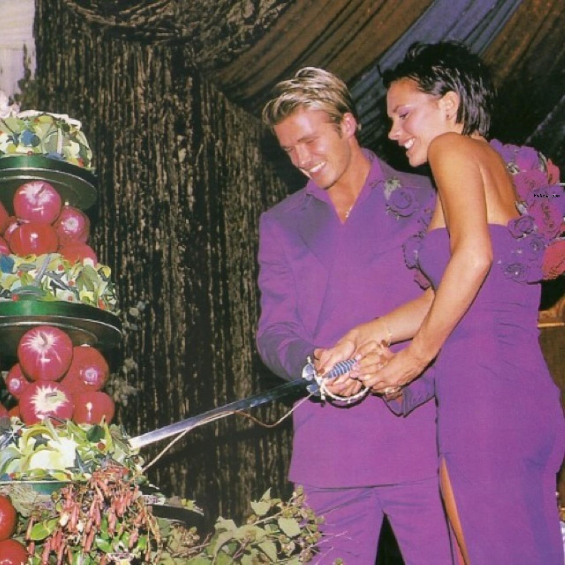 A grab from Victoria Beckham's instagram in which she matches with husband David Beckham in purple.