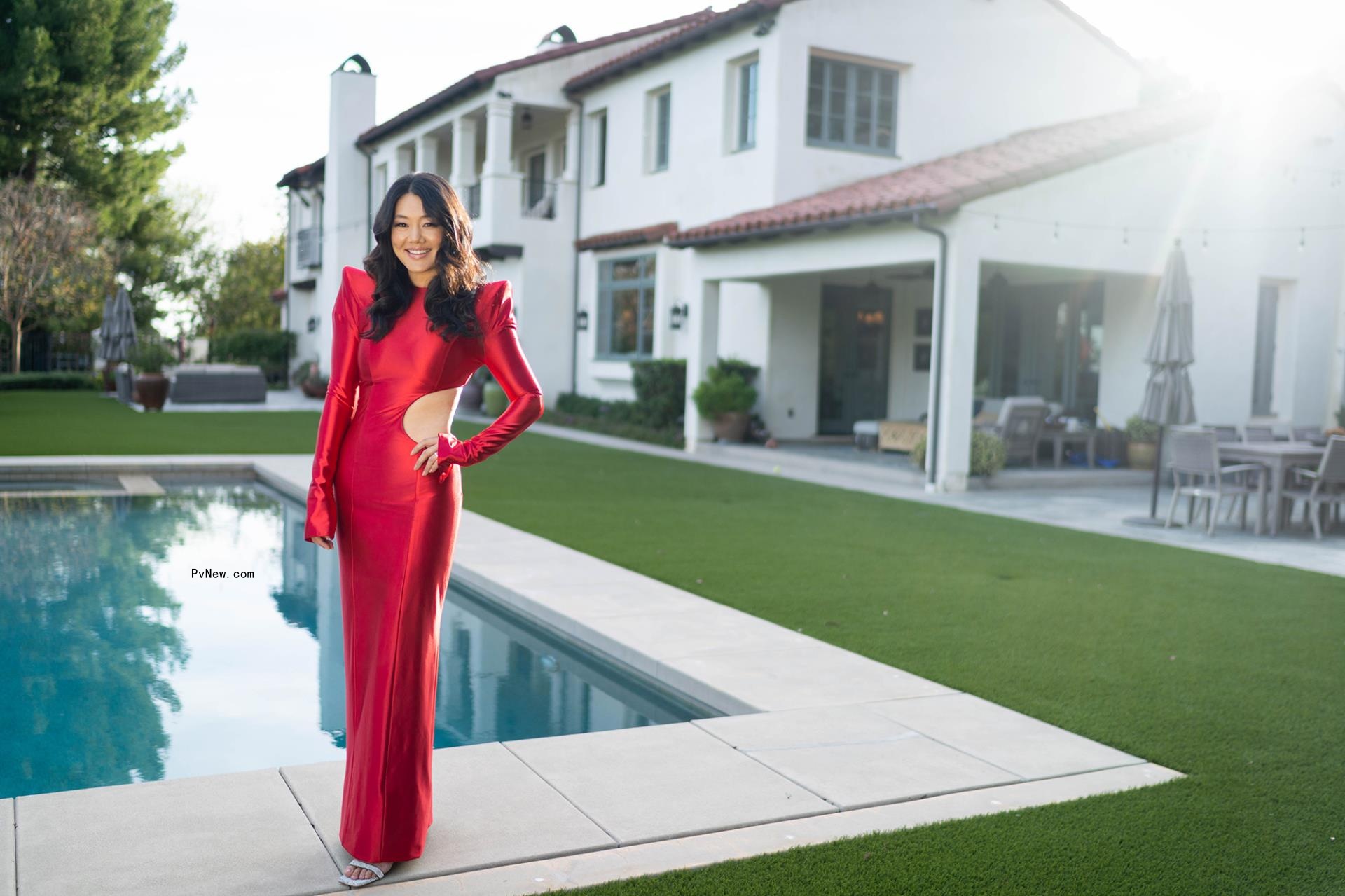 Mariane Bechara gown, $900, available via @marianebechara on Instagram. Kachorouska x The Coat heels, $330 at US.Kachorovska. Earrings, $189 at AdibaDesigns. Rings, (right hand), $1,950, and (left hand), $1,590, both at Samira13.