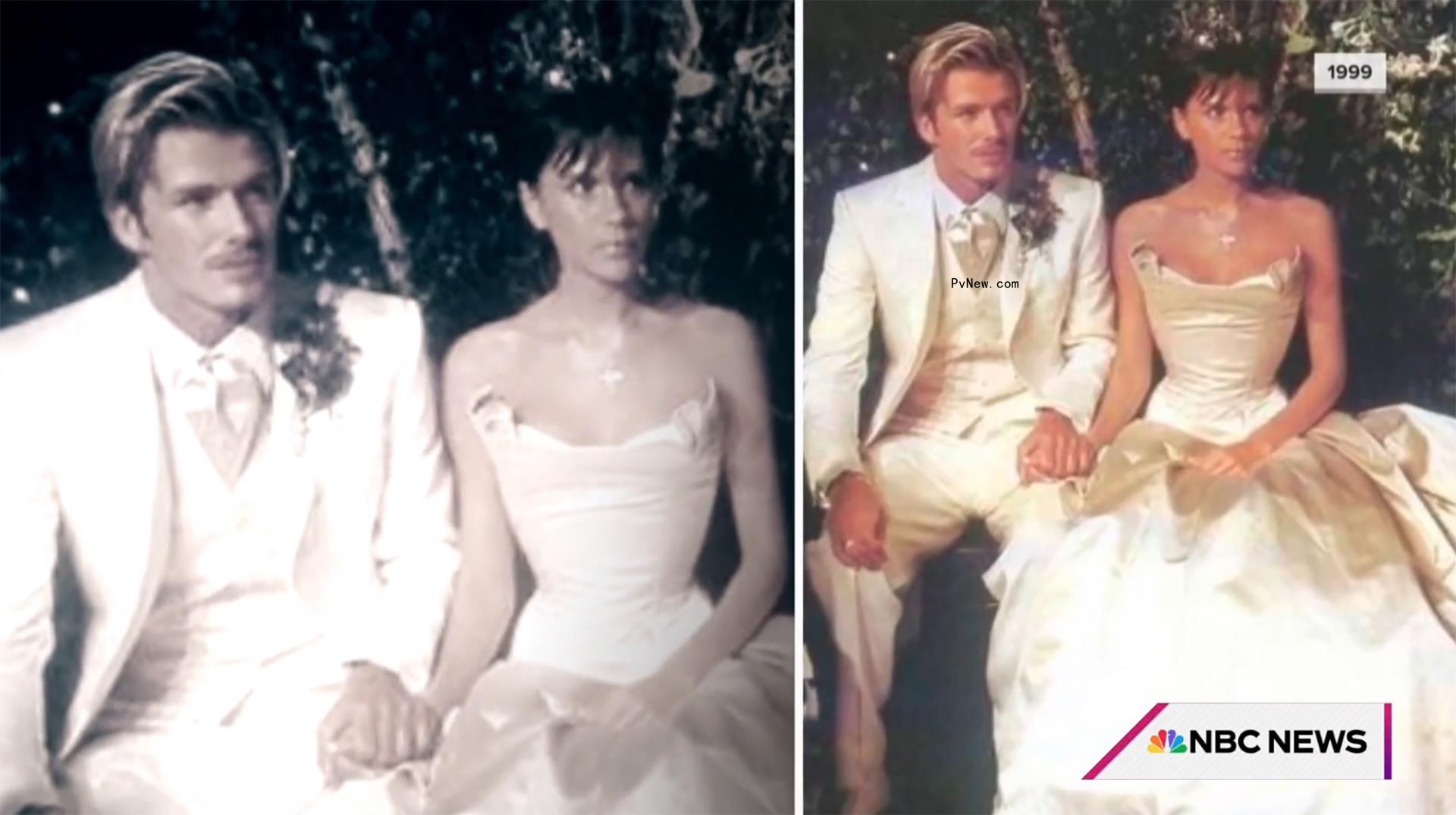 Two photos of Victoria and David Beckham posing on their wedding day