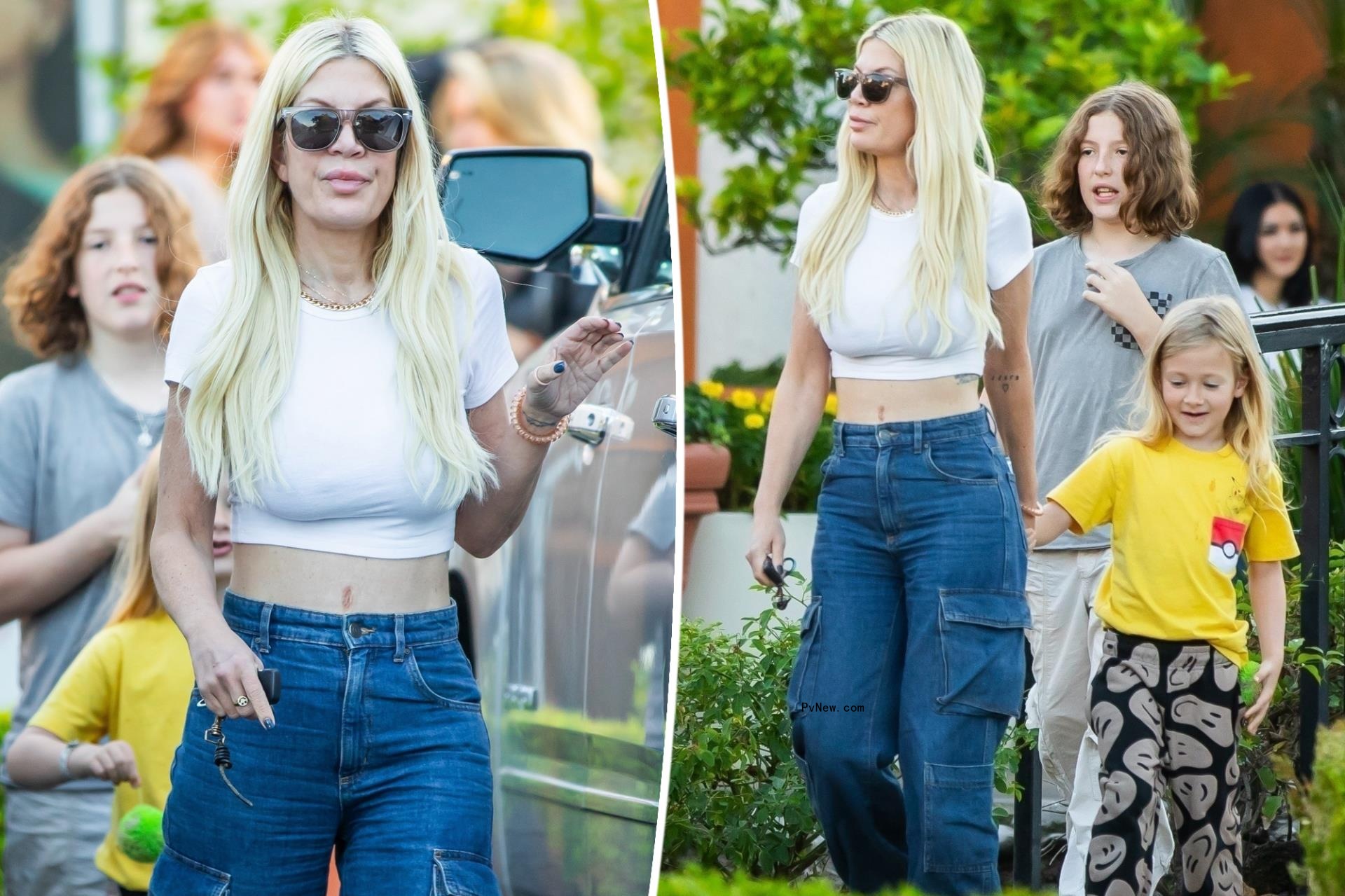 Tori Spelling throws it back to the ‘90s in crop top and cargo jeans