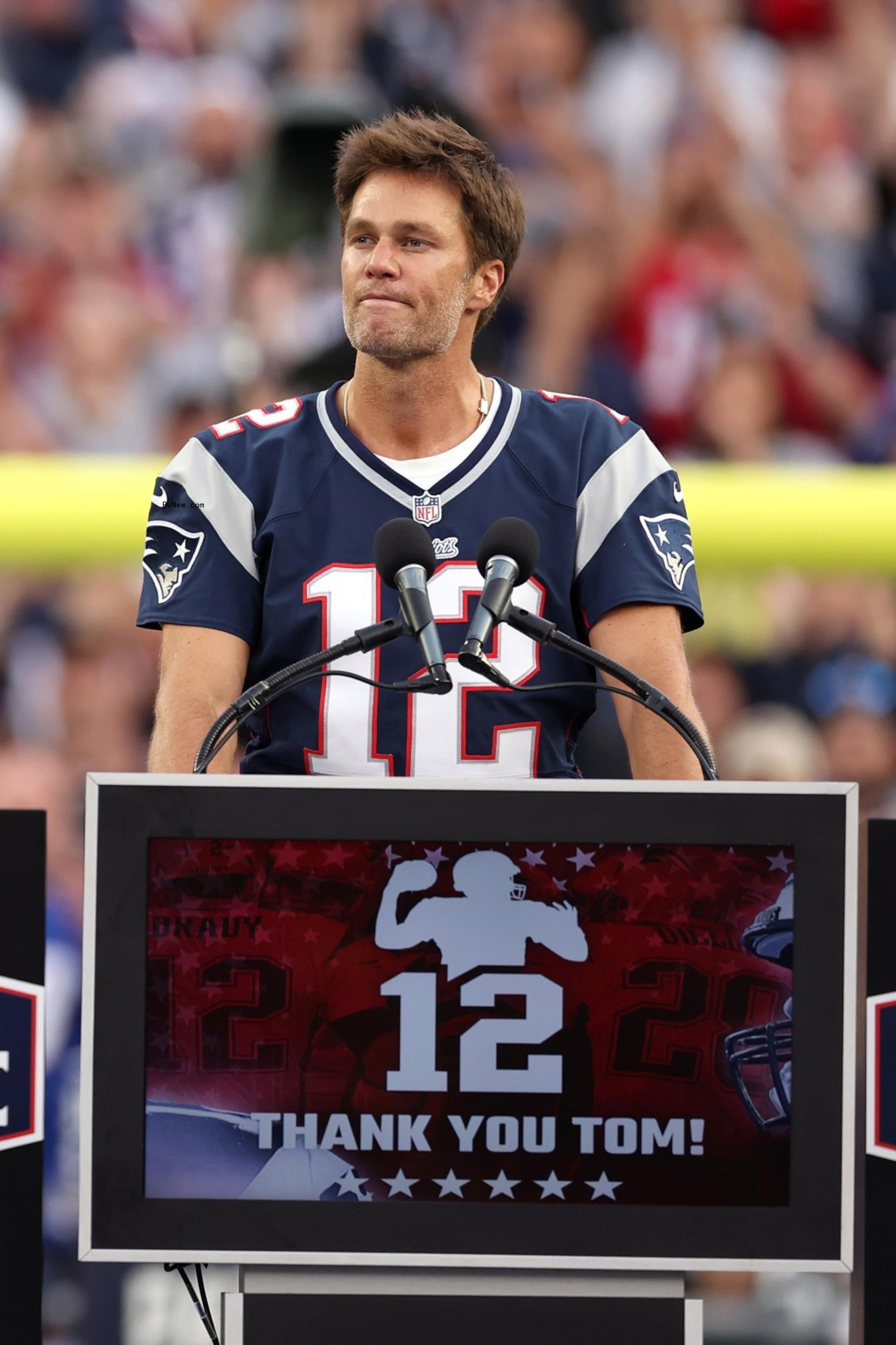 Tom Brady in his Patriots uniform.