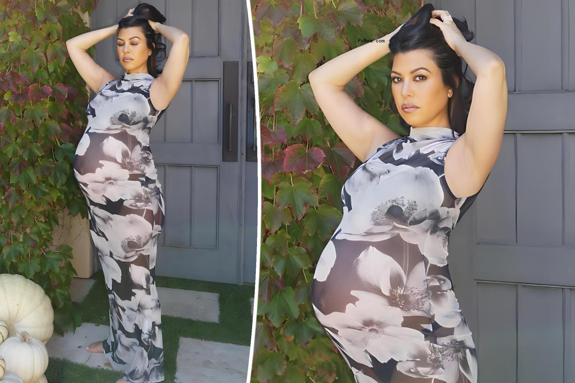 Pregnant Kourtney Kardashian shows baby bump progress in skintight sheer dress