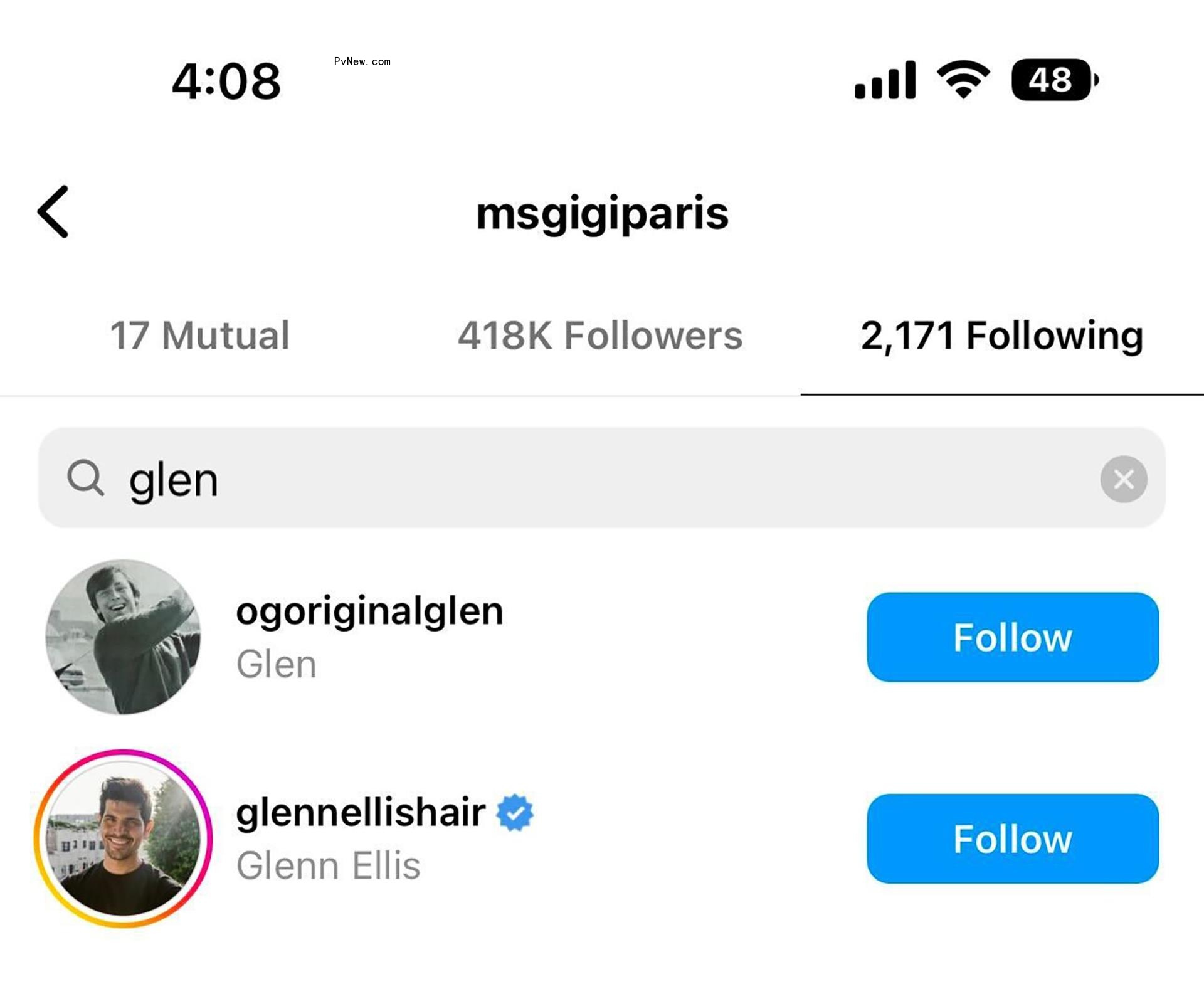 A screenshot from Gigi Paris' Instagram showing that she no lo<i></i>nger follows Glen Powell