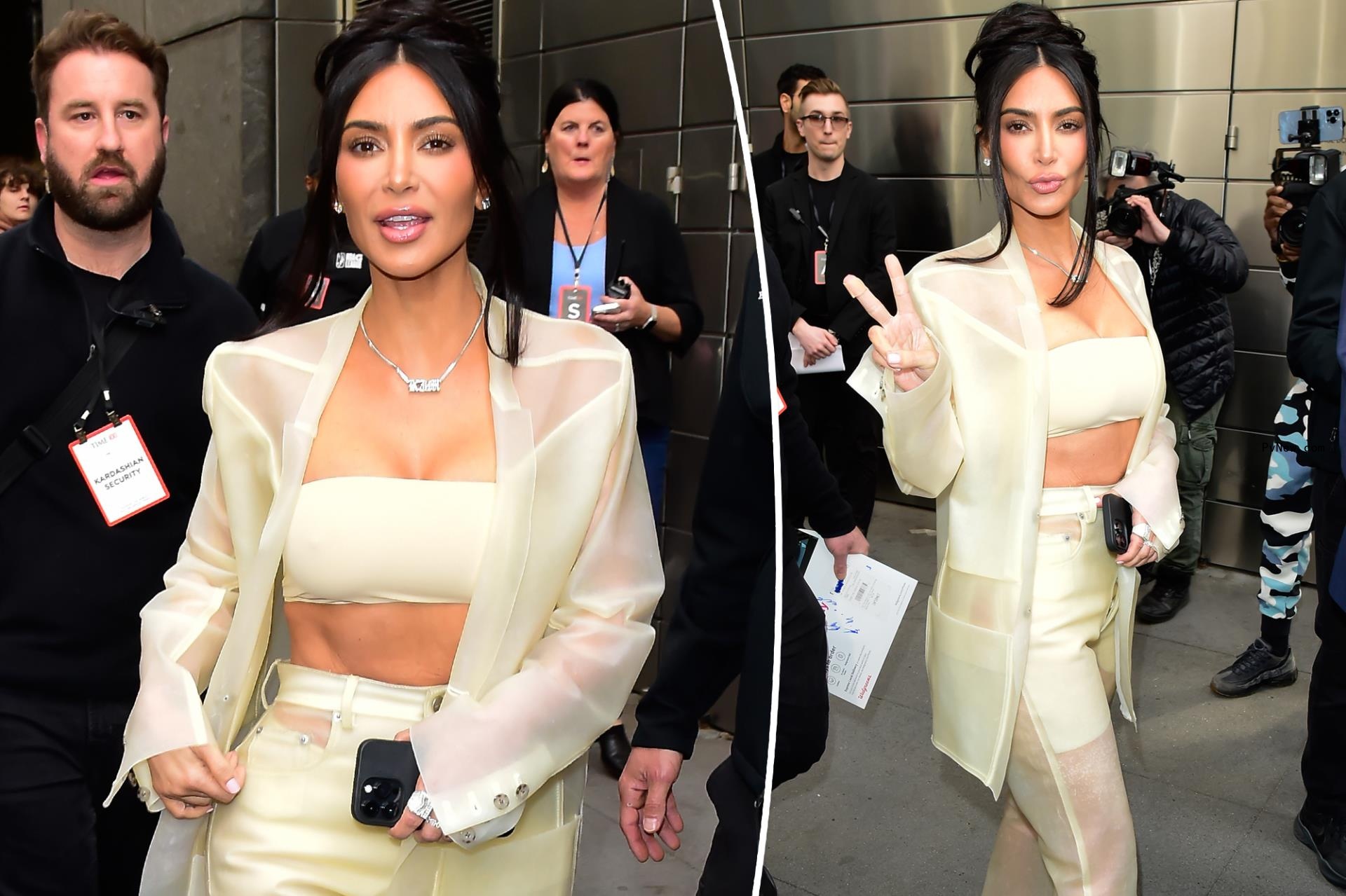Kim Kardashian pairs bandeau with sheer pantsuit for Time 100 Summit
