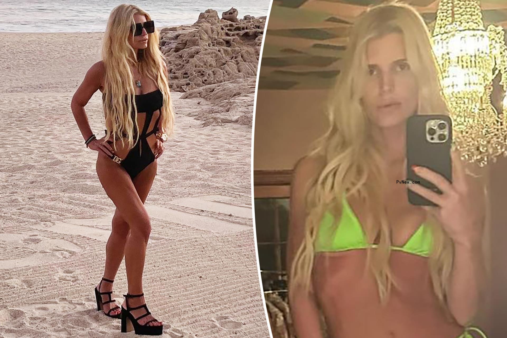Jessica Simpson brings ‘neon energy’ in green Skims bikini and pink heels