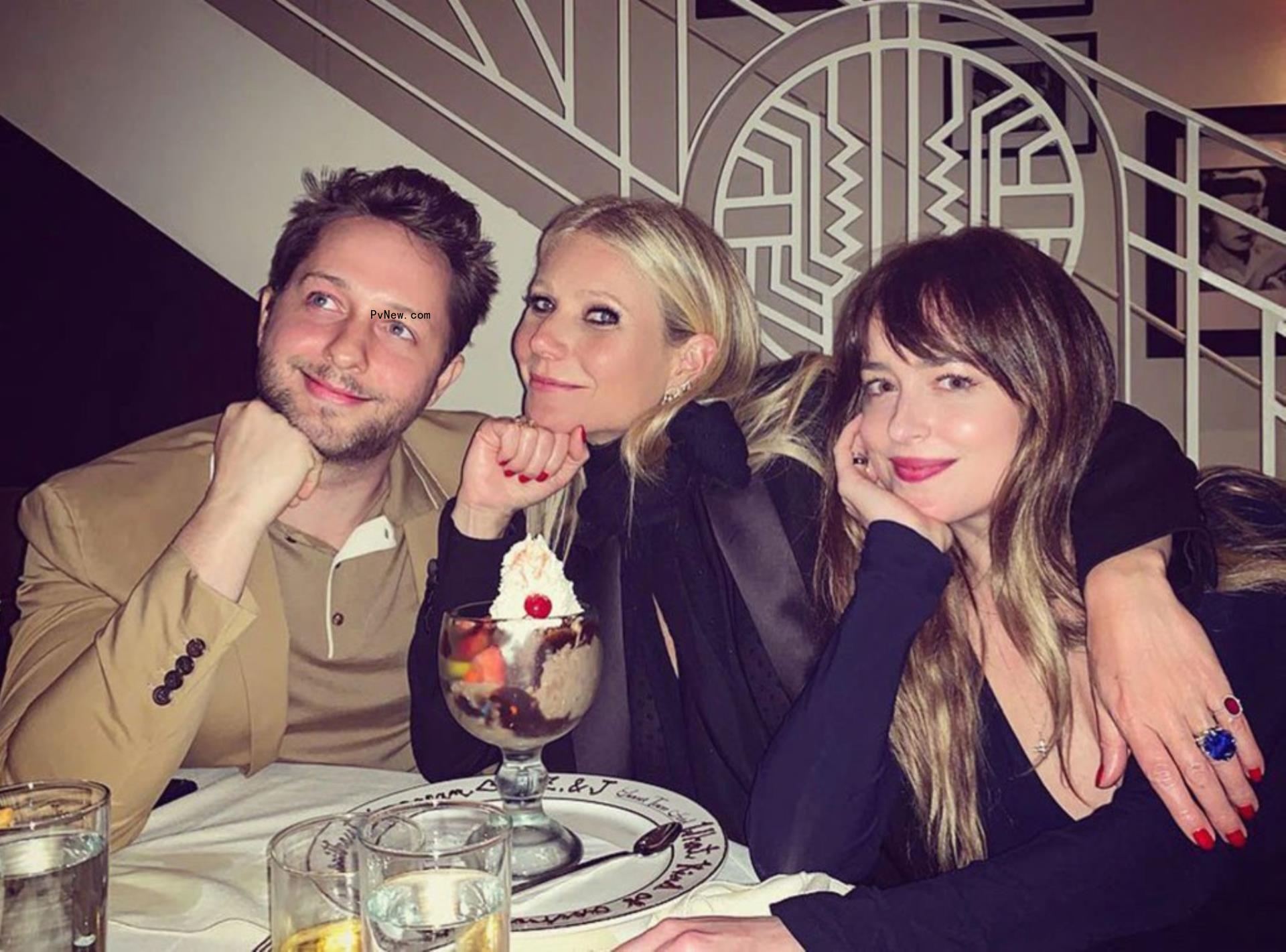 Gwyneth Paltrow and Dakota Johnson with Derek Blasberg at dinner. 