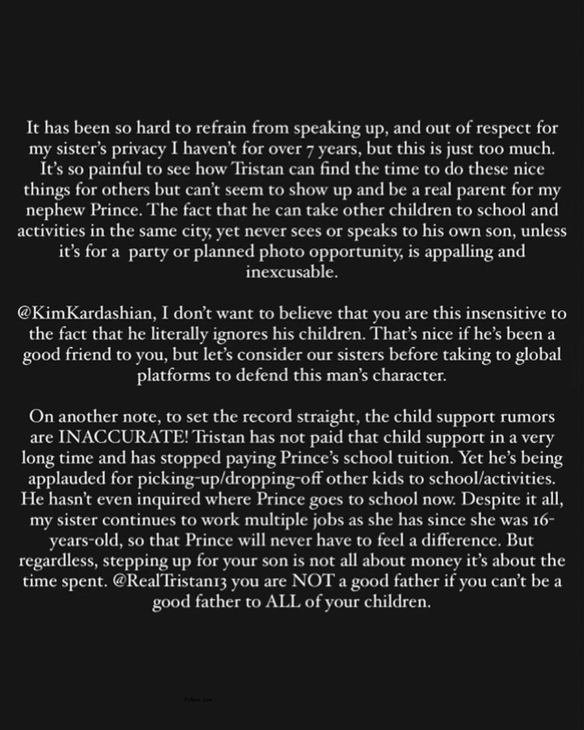 Kai Craig called out Tristian Thompson on Instagram for neglecting his son