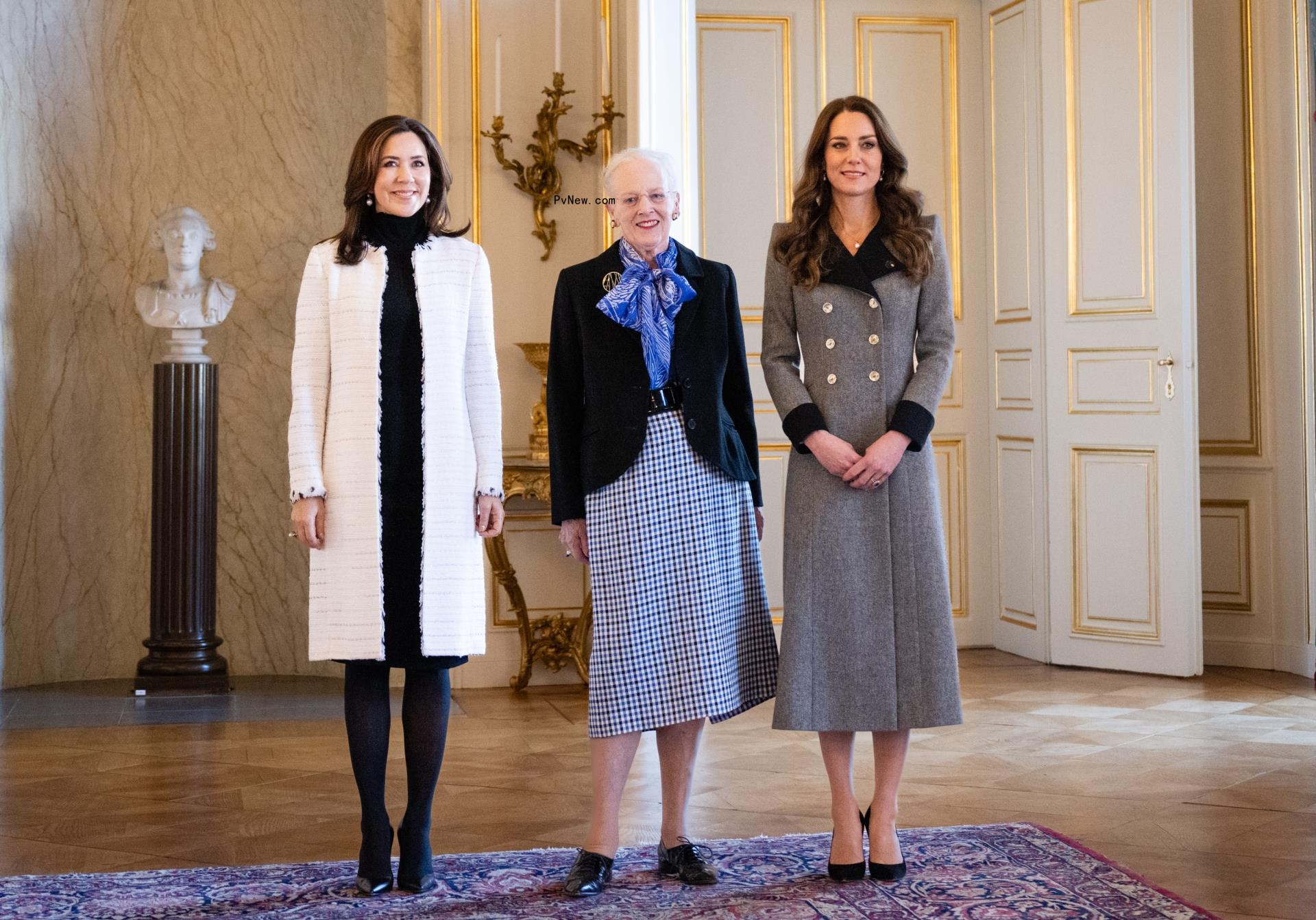 Crown Princess Mary of Denmark, Kate Middleton and Queen Margrethe of Denmark visit Christian IX's Palace on February 23, 2022