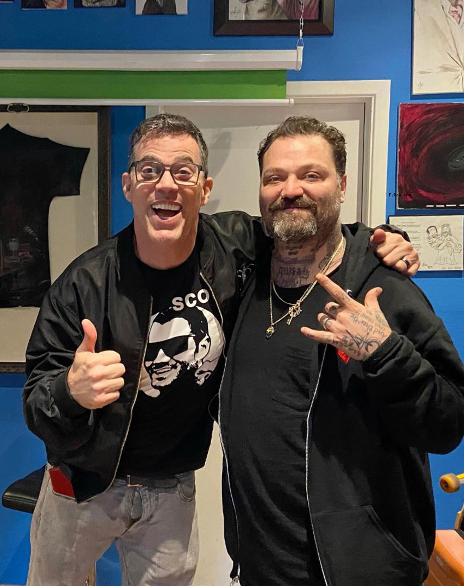 Bam Margera posing with Steve-O.