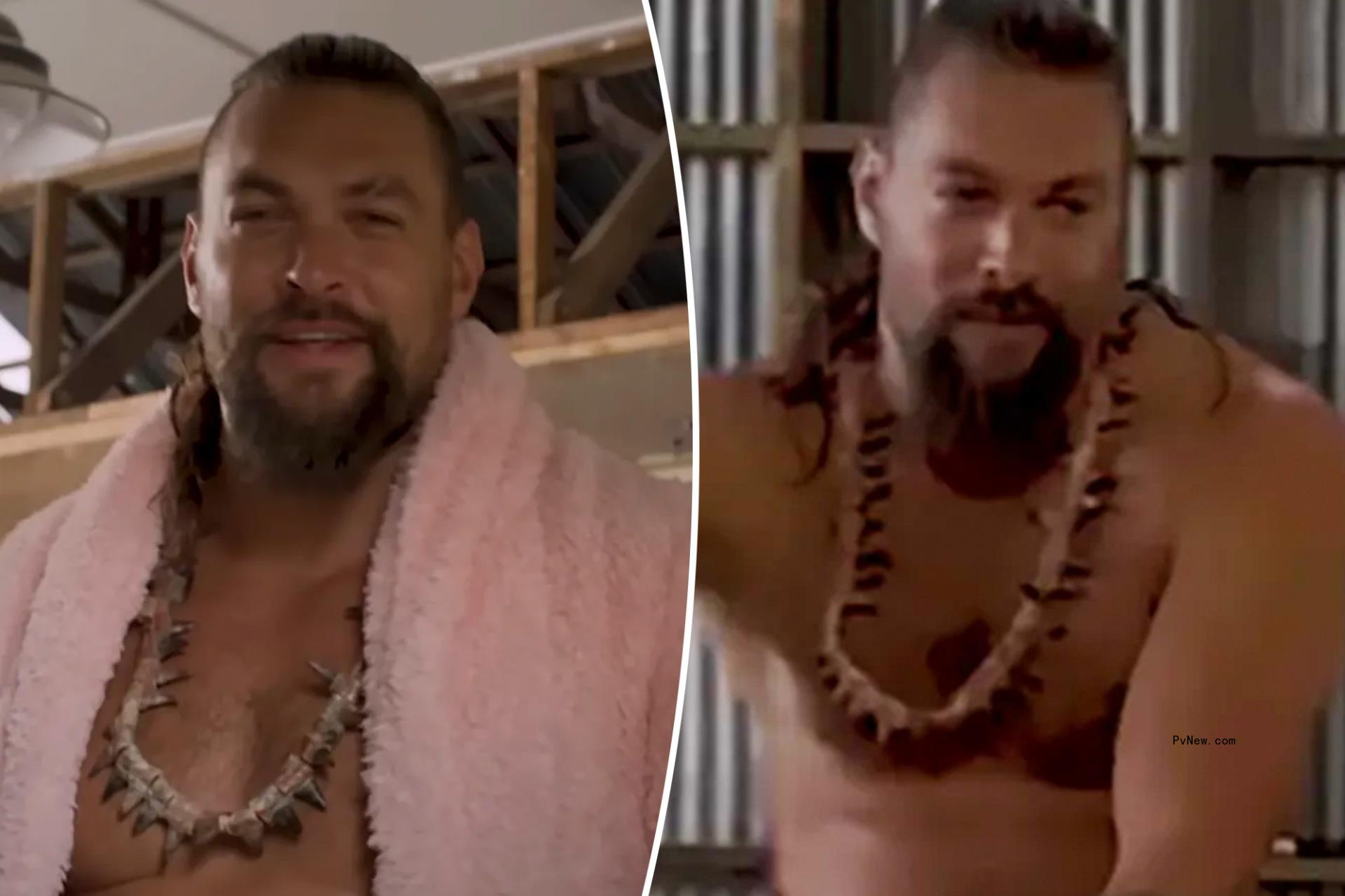 Jason Momoa strips down to nothing but a robe, rides bike in new video