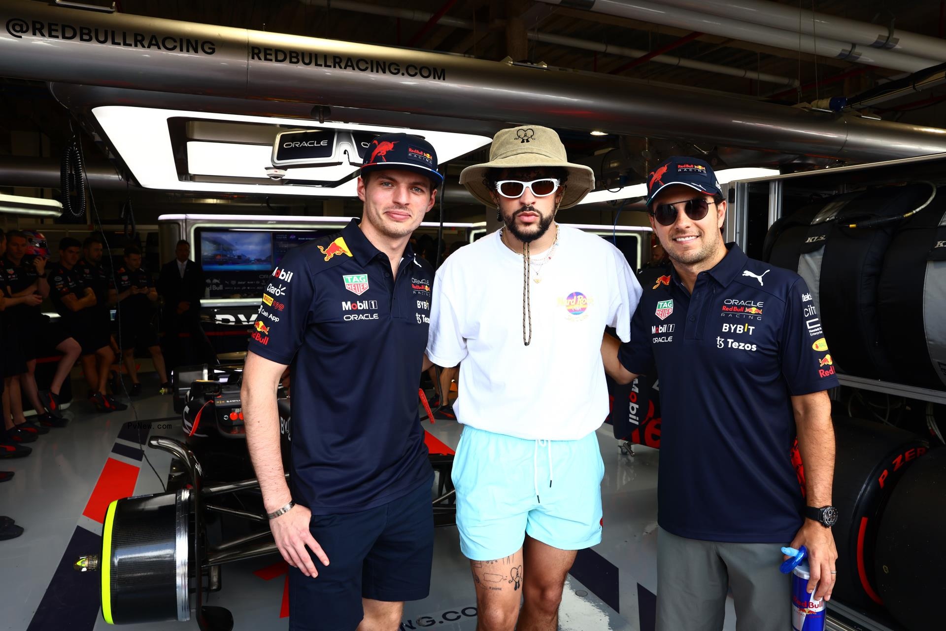 Max Verstappen, Bad Bunny and Sergio Perez