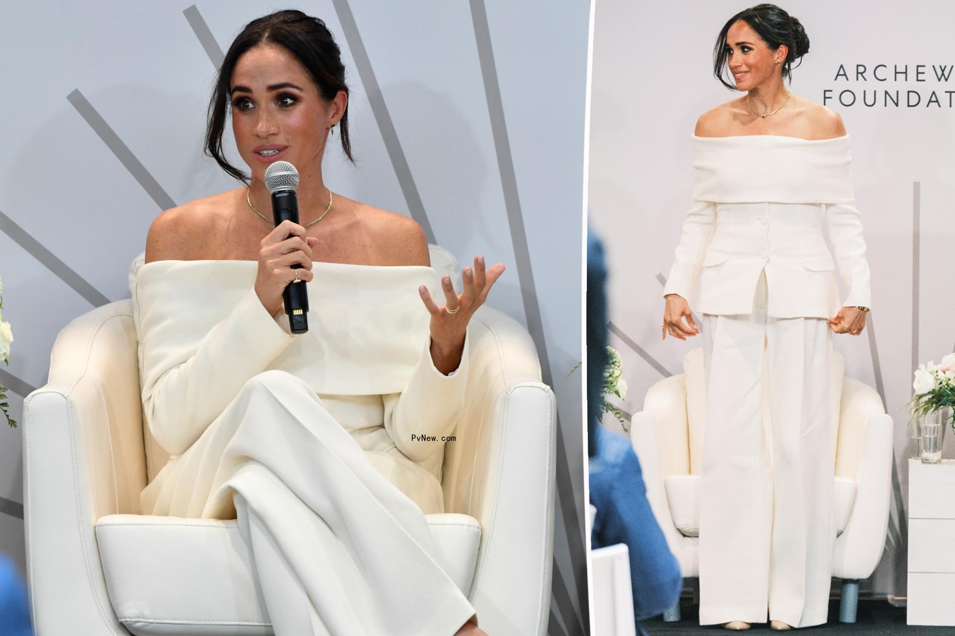 Meghan Markle attends NYC World Mental Health Day event in white off-the-shoulder blazer
