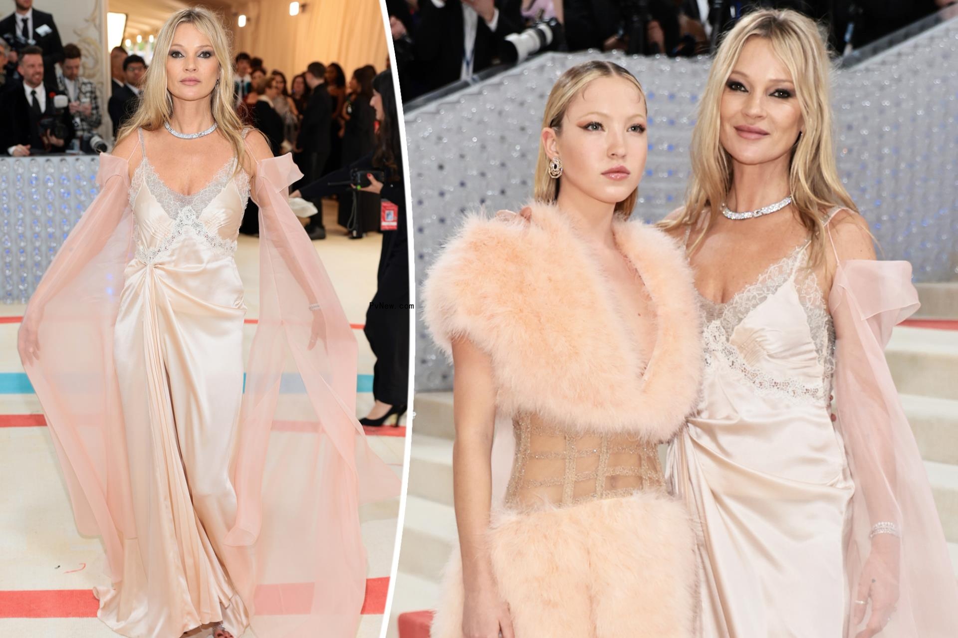 Kate and Lila Moss look luxe in silk, feathered Fendi at 2023 Met Gala