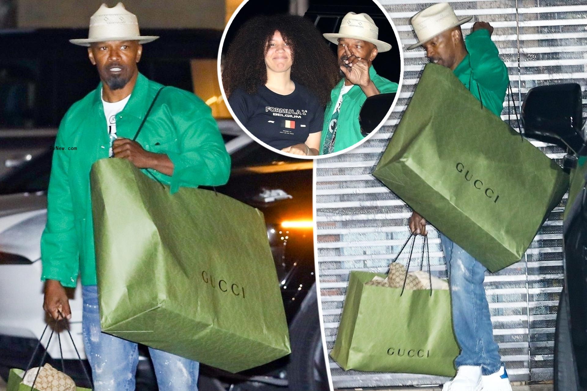 Jamie Foxx carries comically large Gucci bags into daughter’s 15th birthday party