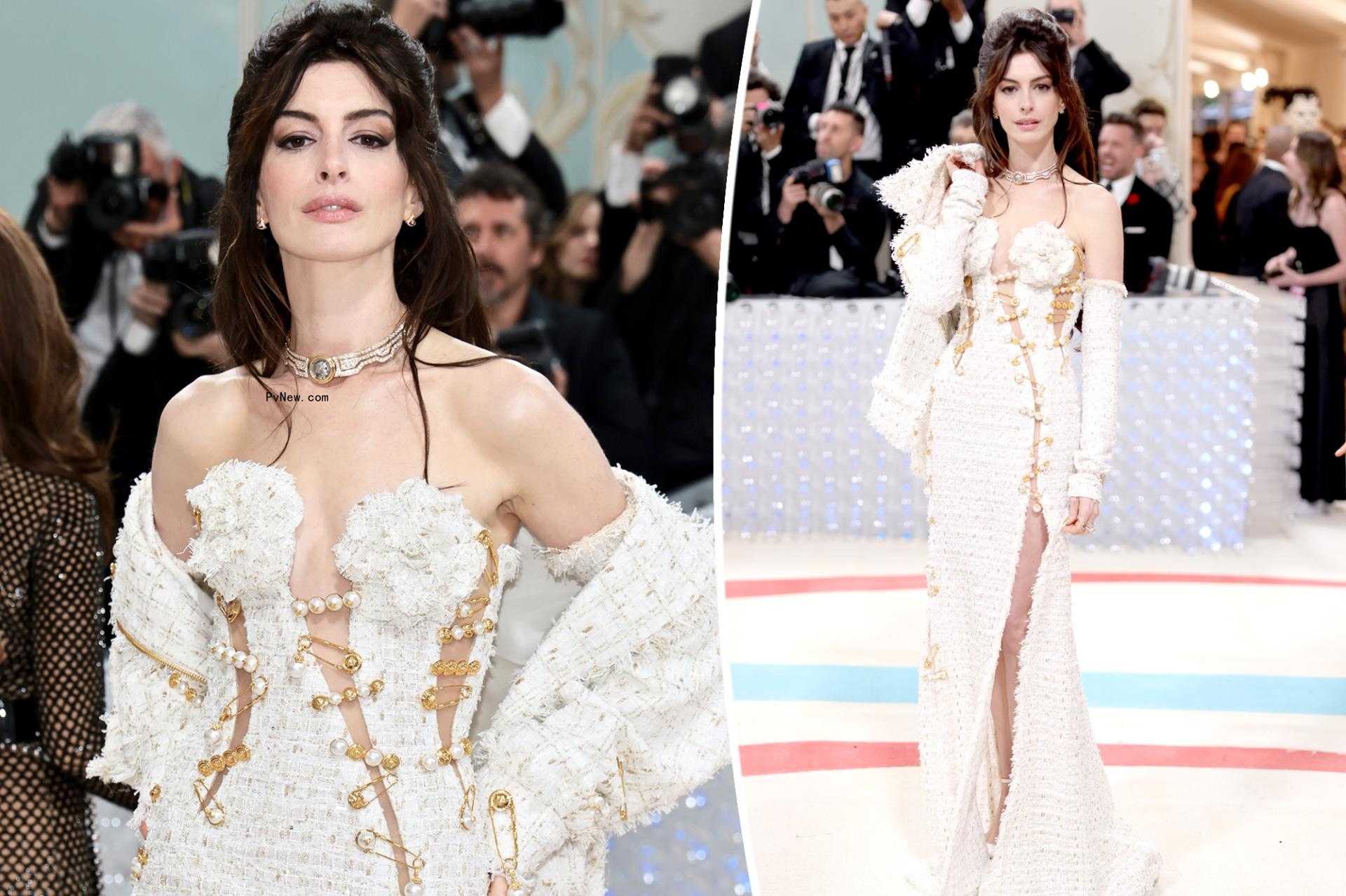 Anne Hathaway is all pinned up in slashed Versace dress at Met Gala 2023