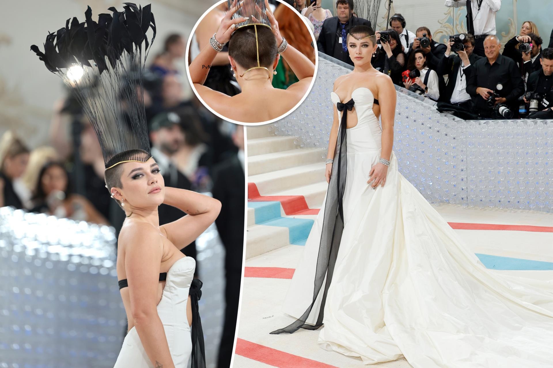 Florence Pugh debuts shaved head on Met Gala 2023 red carpet