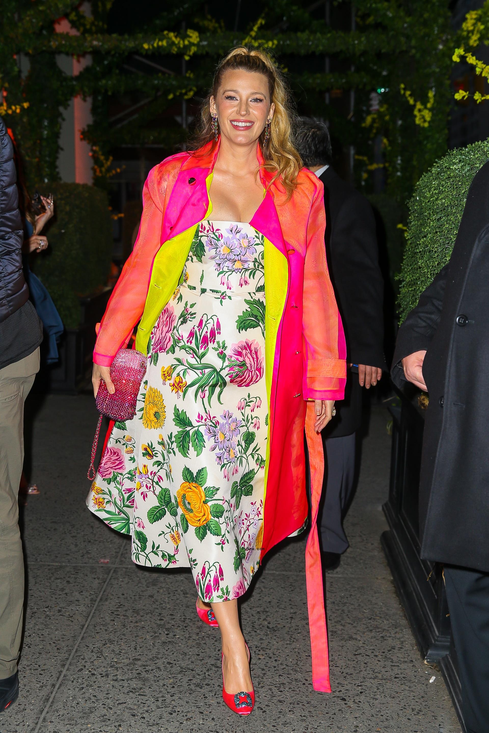 Blake Lively smiles in colorful Carolina Herrera dress