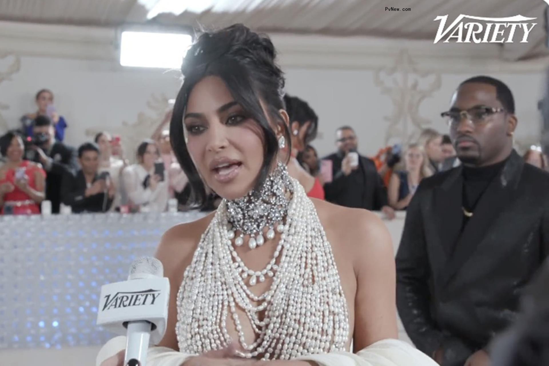 Kim Kardashian in pearls on Met Gala red carpet