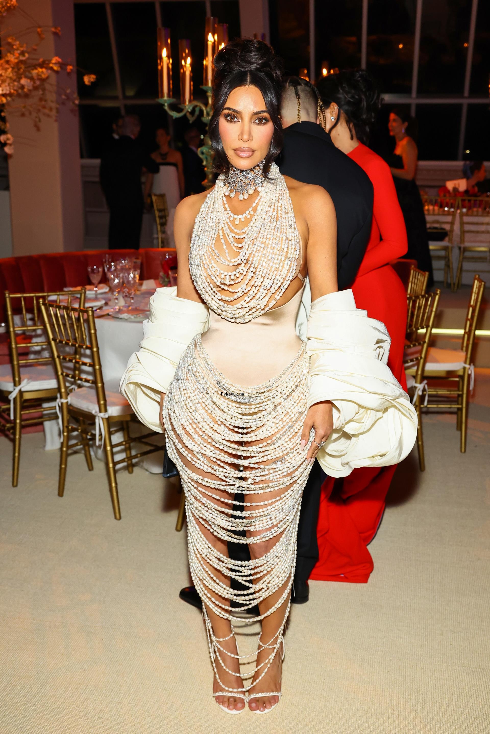 Kim Kardashian in pearls on Met Gala red carpet