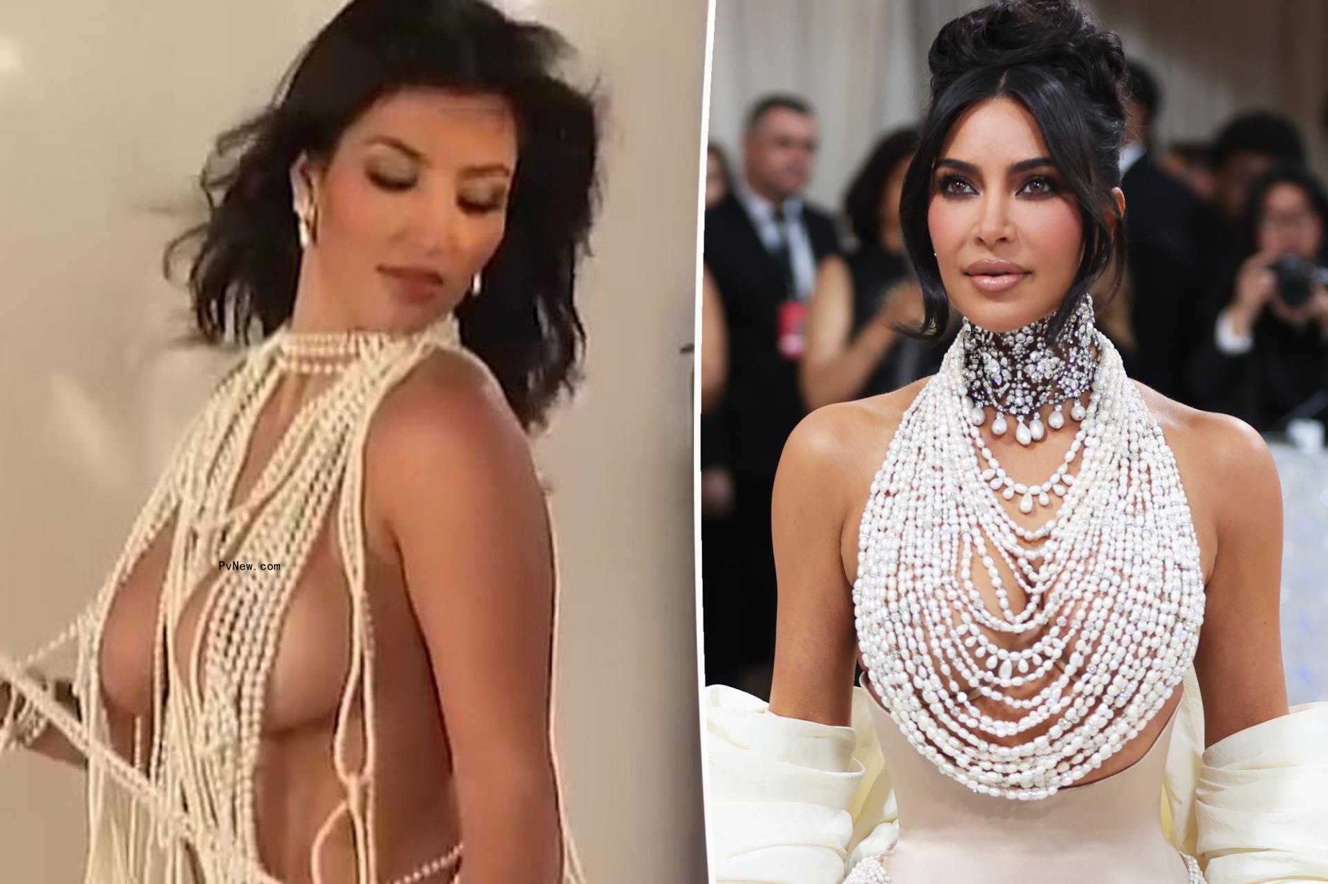 Kim Kardashian posing in pearls for Playboy split with her on the Met Gala red carpet in a pearl dress