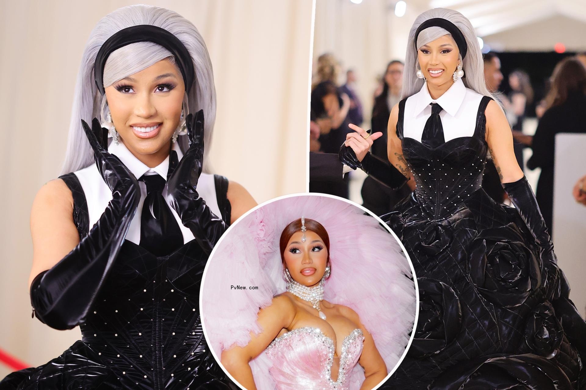 Cardi B nods to Karl Lagerfeld with tie, camellia-covered gown at Met Gala 2023