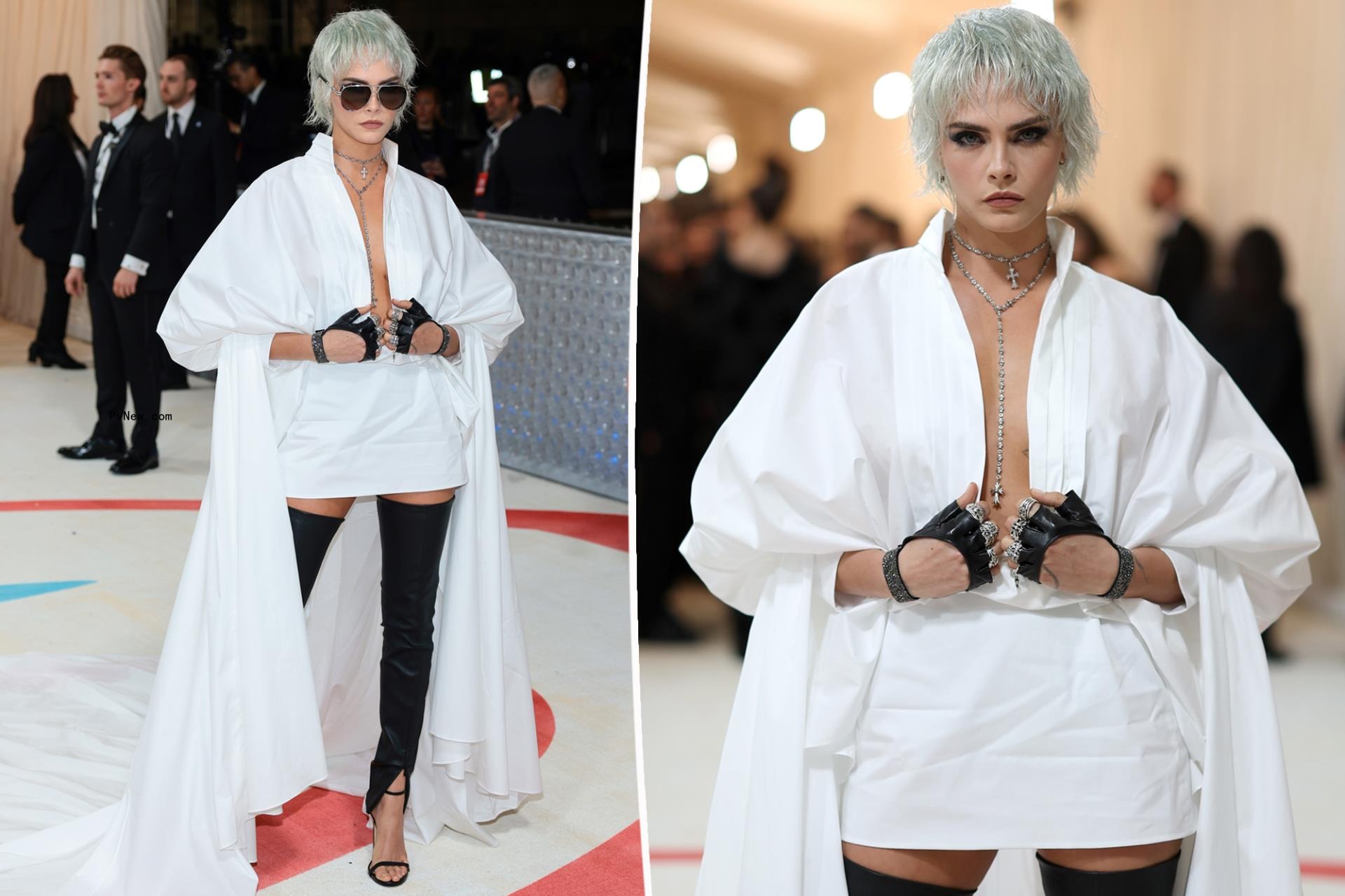 Cara Delevingne ho<i></i>nors Karl Lagerfeld’s hair, ico<i></i>nic white shirt at Met Gala 2023