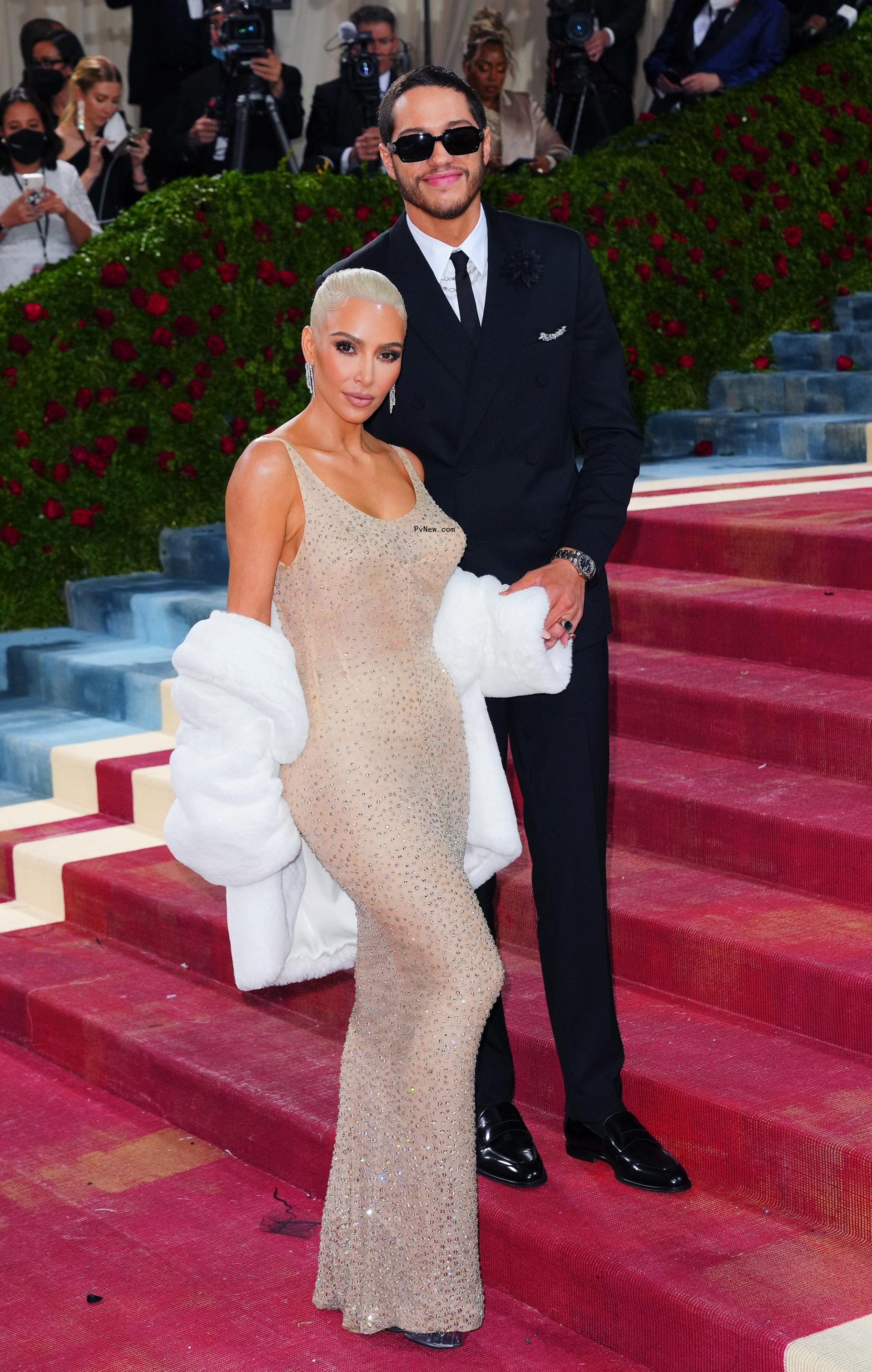 Kim Kardashian and Pete Davidson posing on the Met Gala red carpet 2022