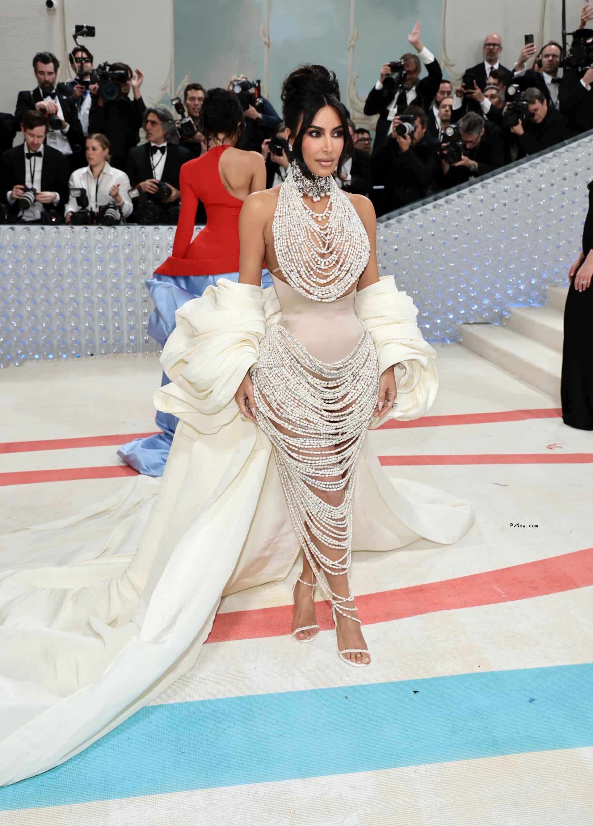 Kim Kardashian in a pearl dress
