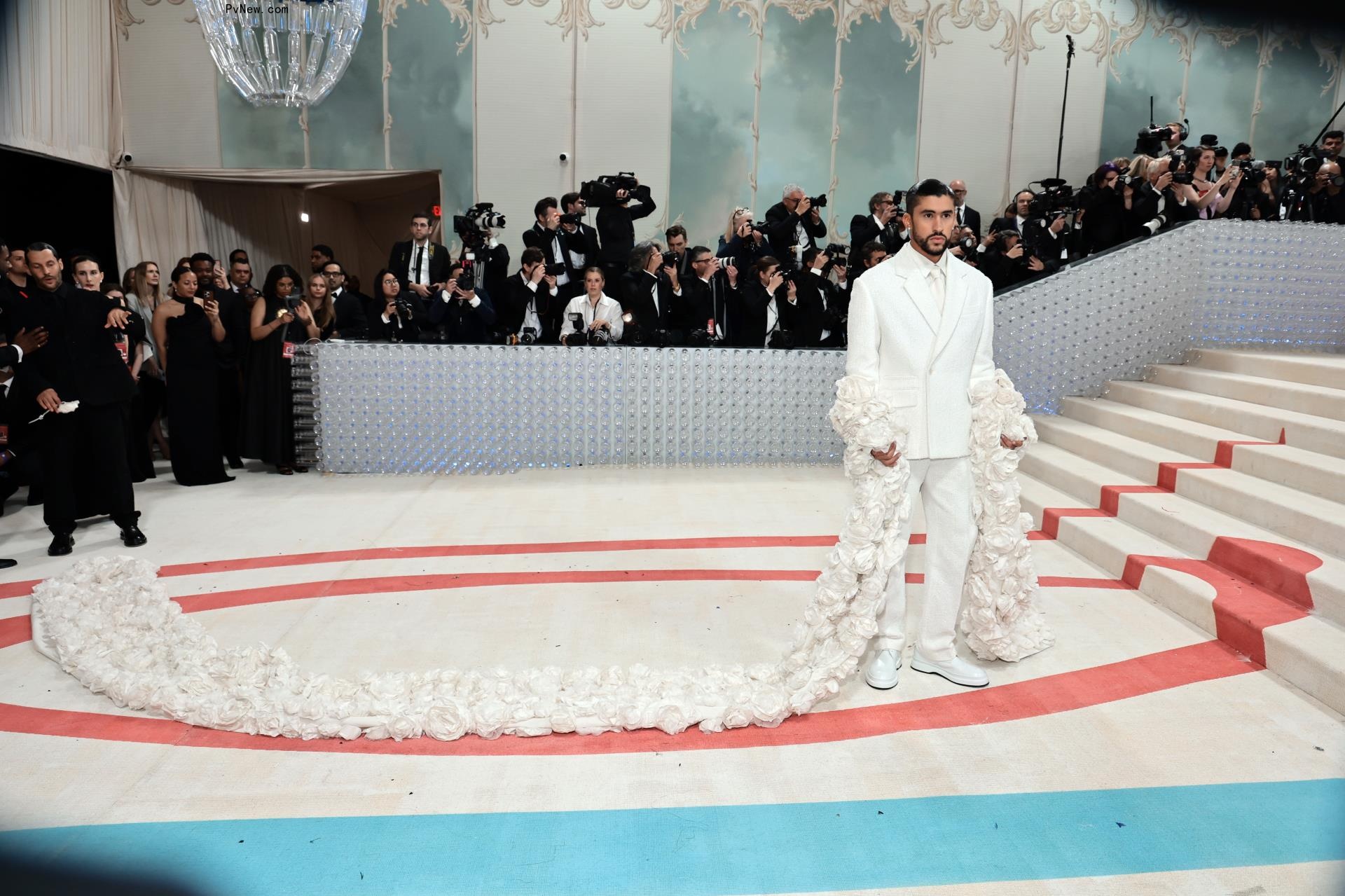  Bad Bunny posing at the 2023 Met Gala red carpet.