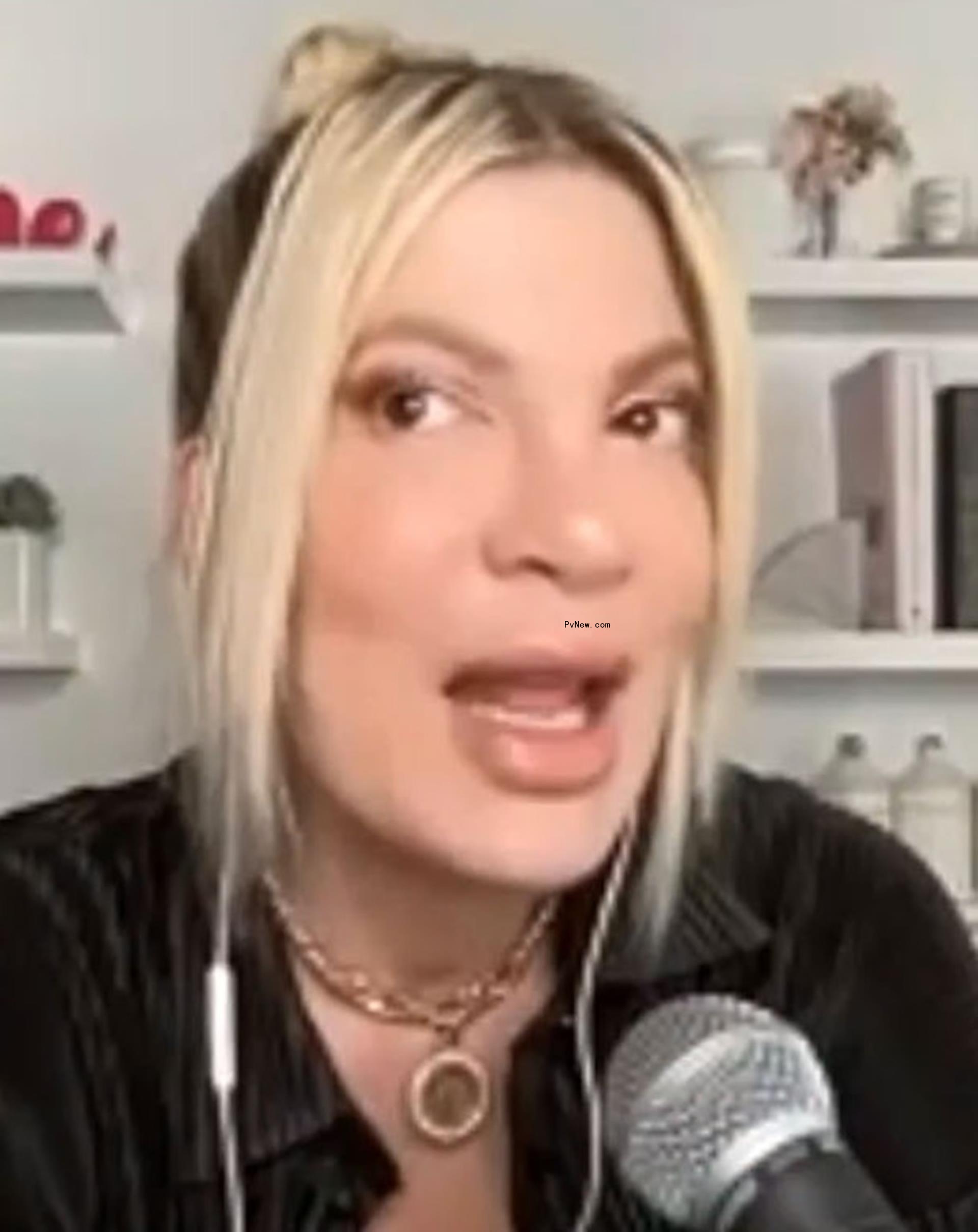 Tori Spelling talking on a podcast