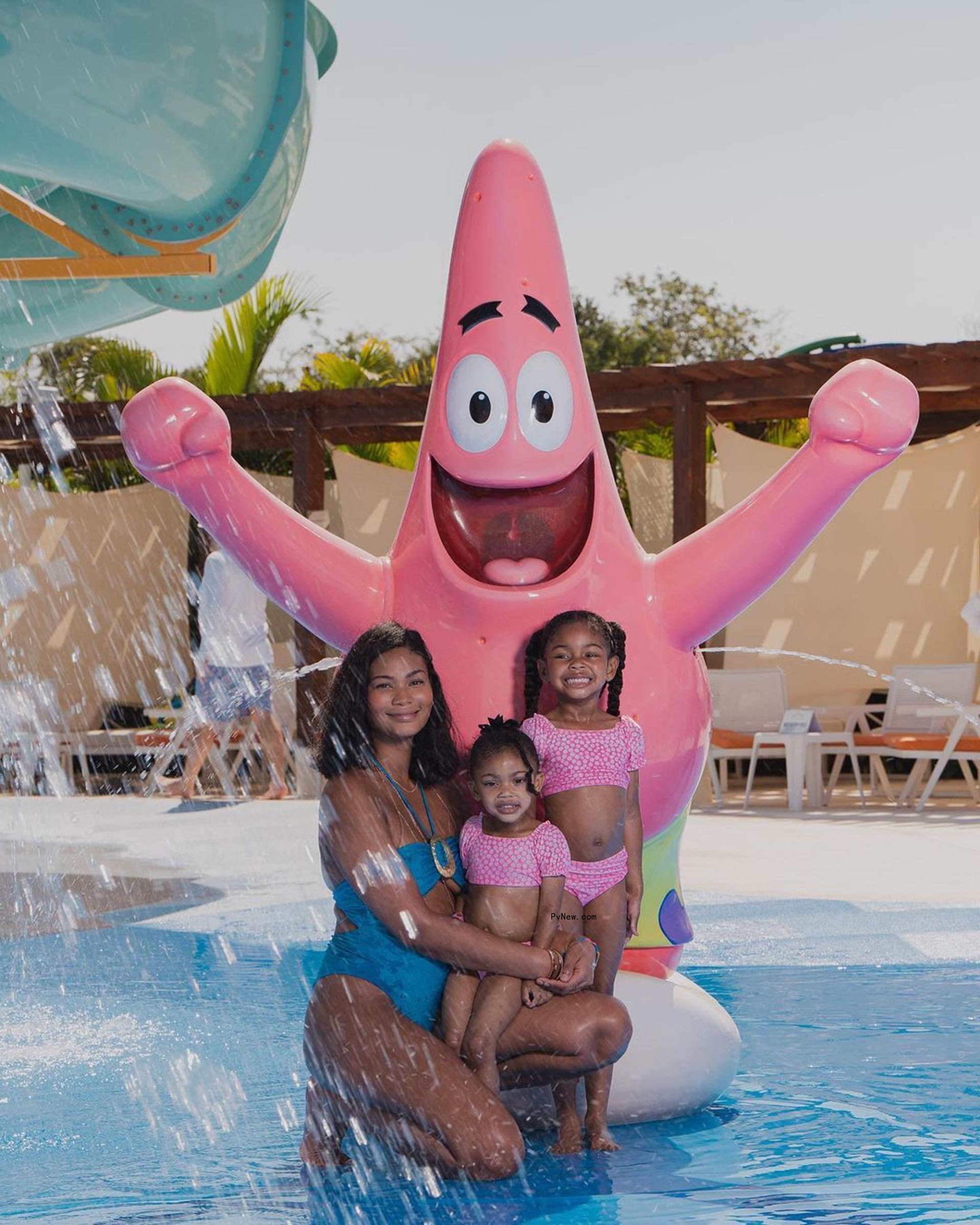 Chanel Iman at water park with daughters Cassie and Cali