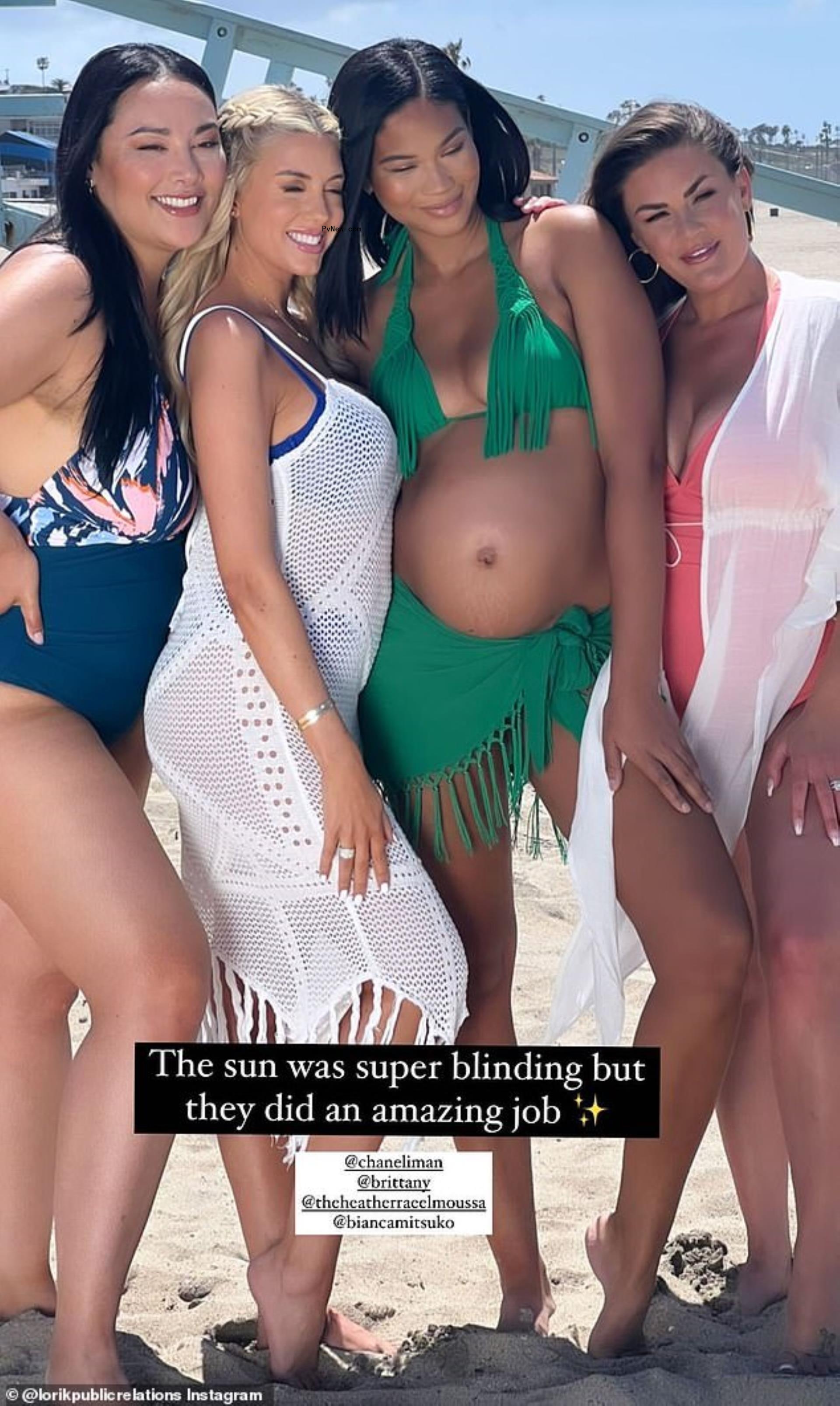 Bianca Mitsuk, Heather Rae Young, Chanel Iman and Brittany Cartwright pose on beach