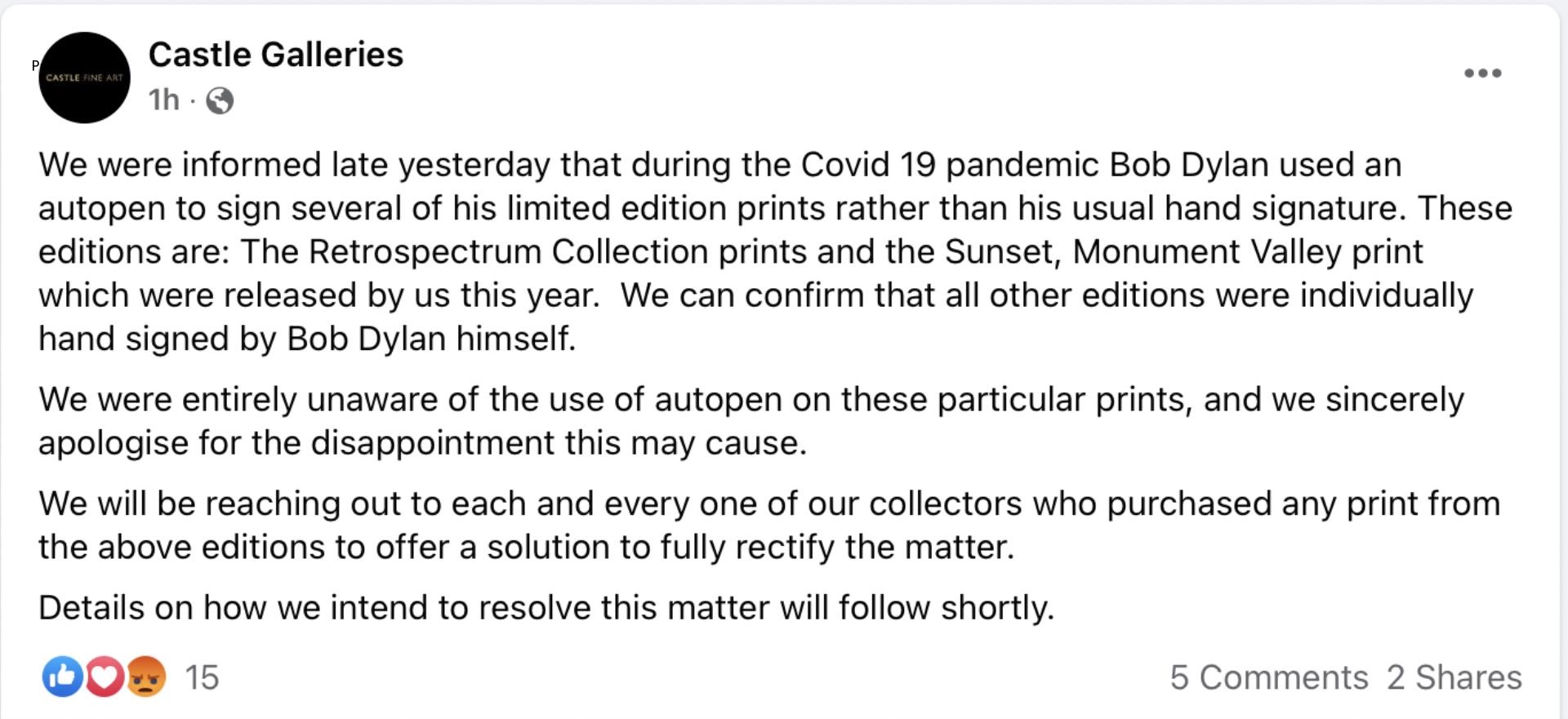 Bob Dylan Says He ‘Regrets’ an ‘Error in Judgment’ in Selling Machine-Signed Art and Books: ‘I Want to Rectify It Immediately’