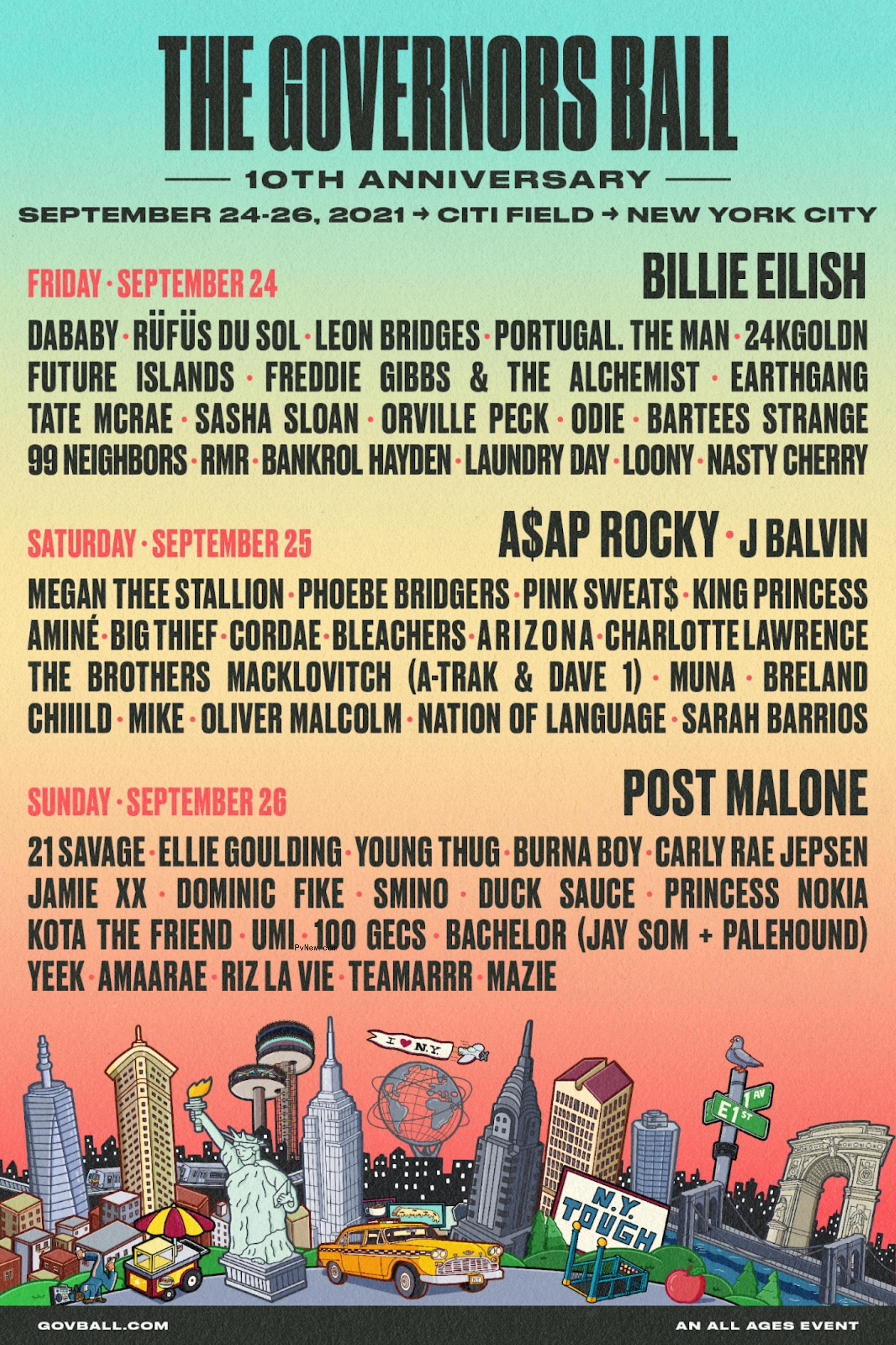 Billie Eilish, Post Malone, Megan Thee Stallion, A$AP Rocky to Headline New Yorks’ Governors Ball Festival