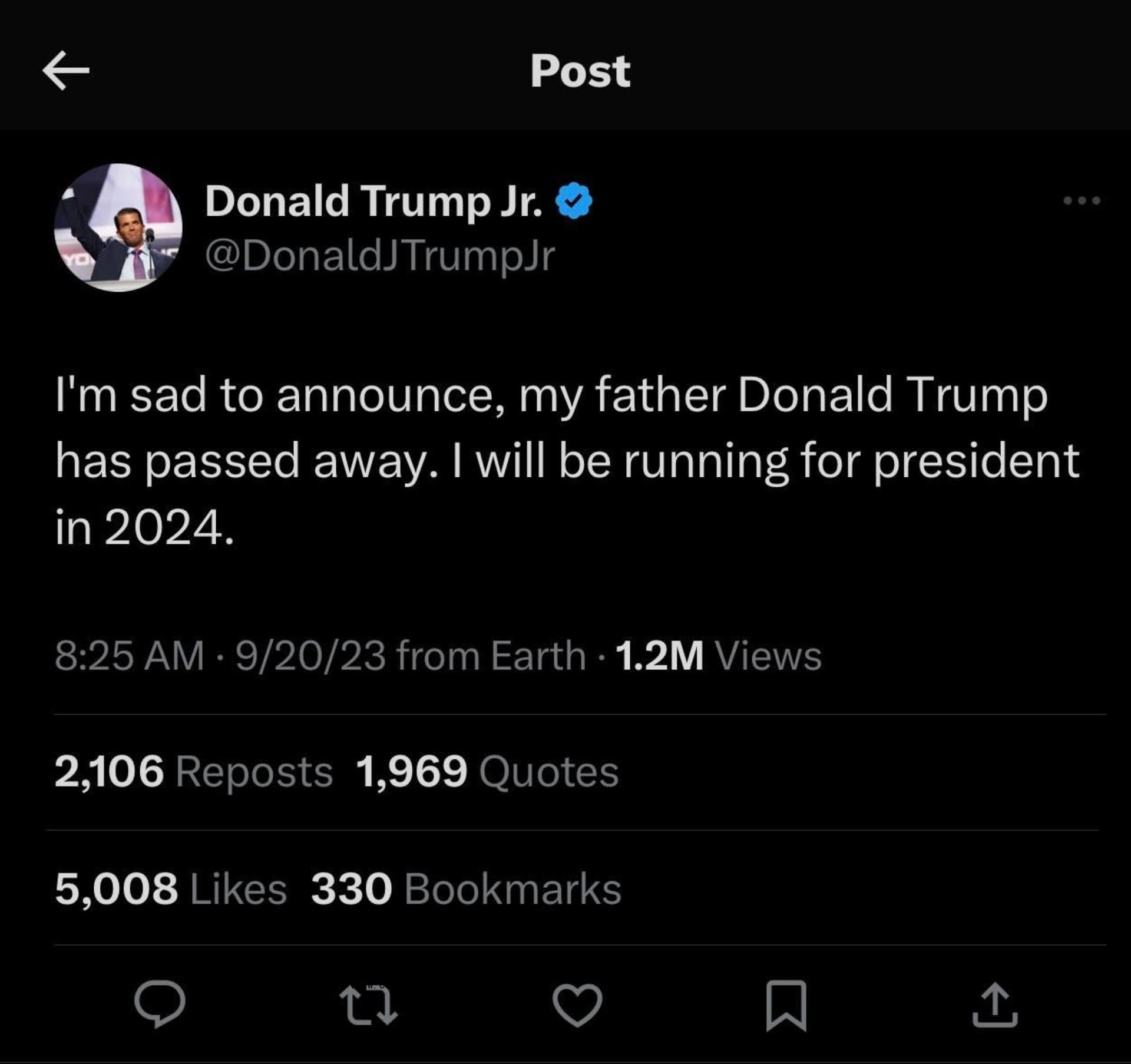 Do<i></i>nald Trump Jr.’s X/Twitter Account Hacked; ‘My Father Do<i></i>nald Trump Has Passed Away’ Message Live for 30 Minutes